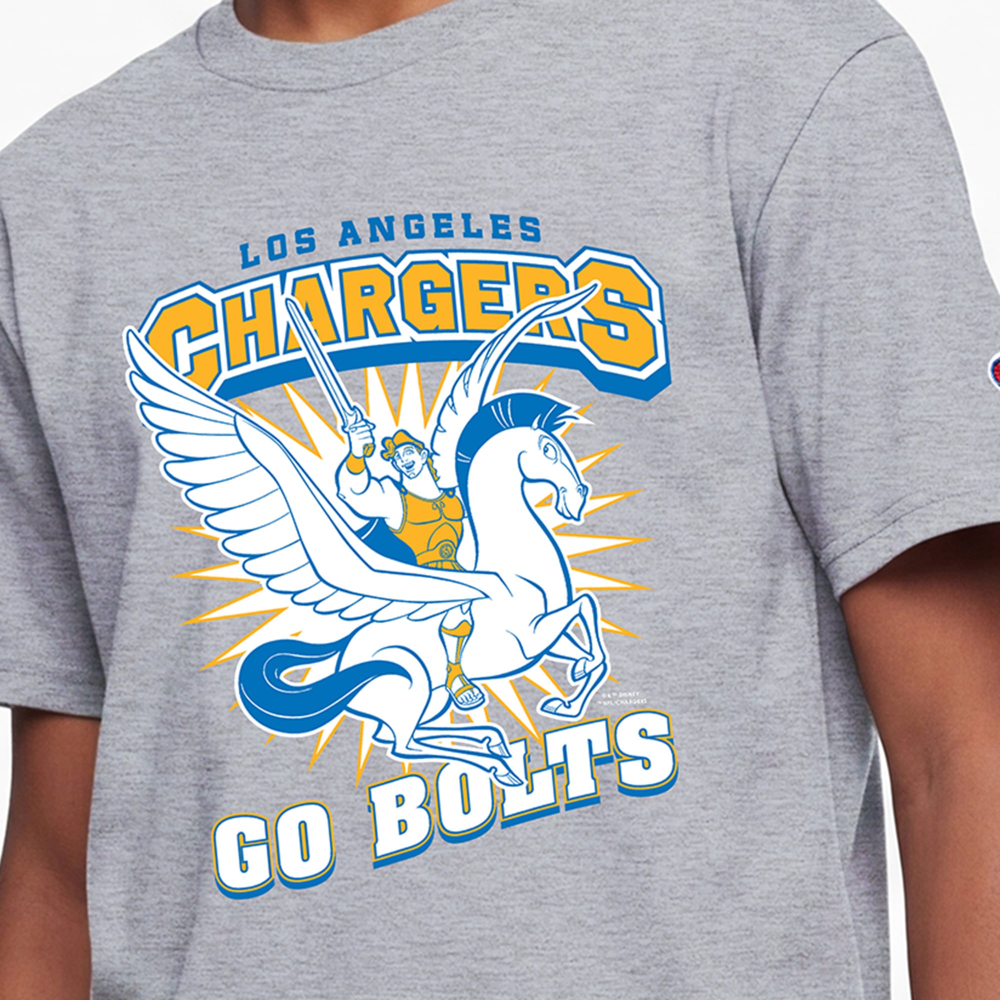Youth Disney x Champion Heather Gray Los Angeles Chargers Hercules & Pegasus T-Shirt