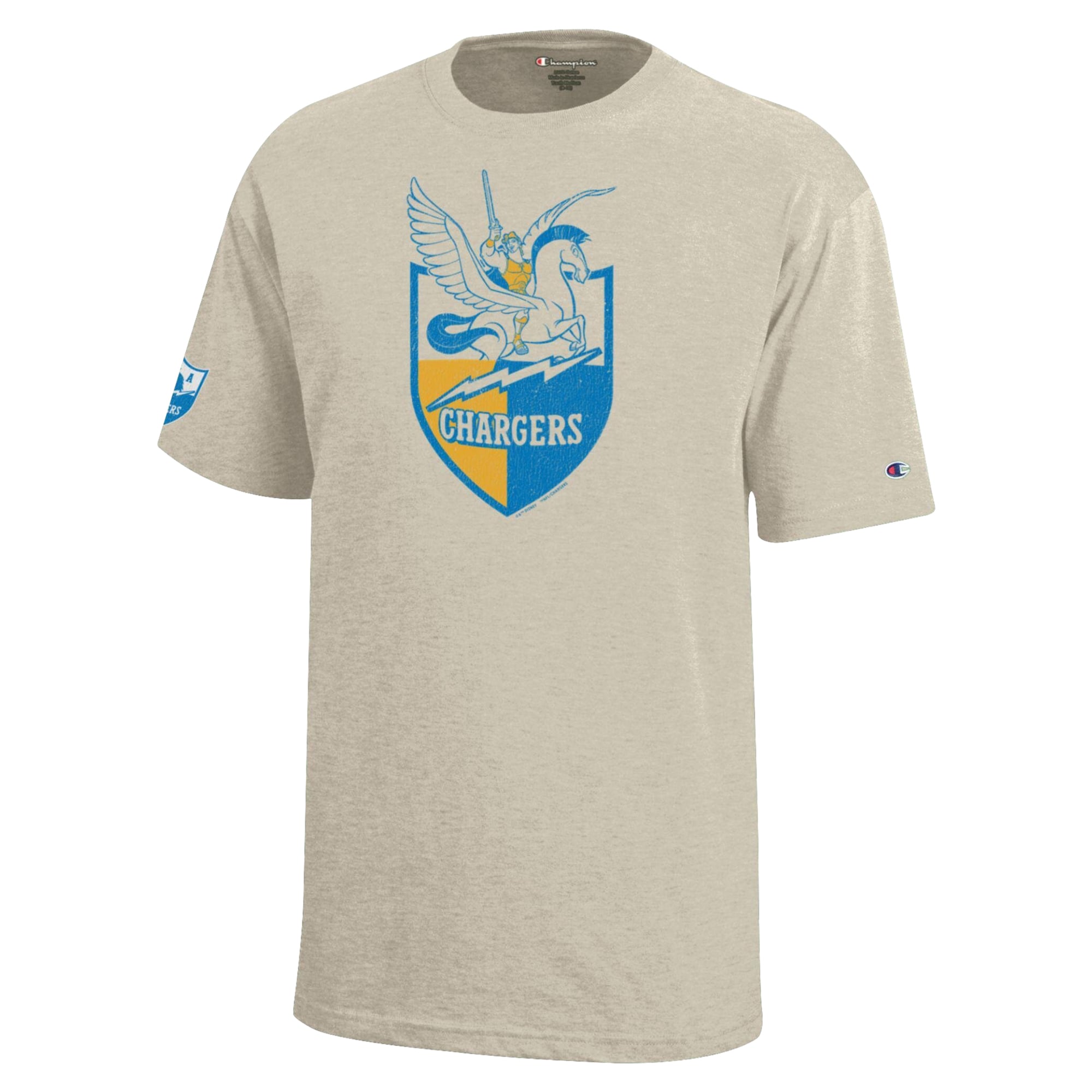Youth Disney x Champion Oatmeal Los Angeles Chargers Hercules & Pegasus T-Shirt