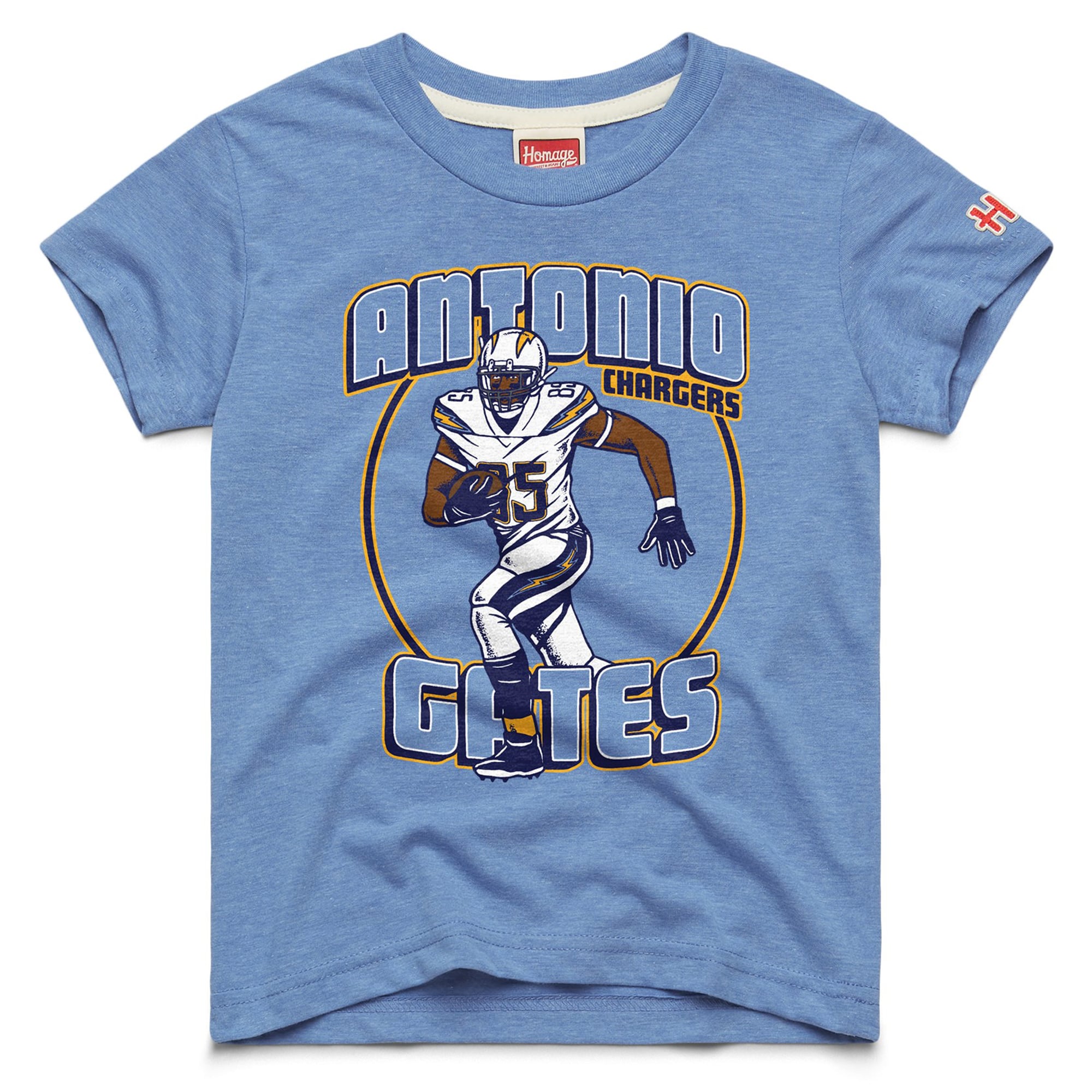 T-shirt bleu clair hommage à Antonio Gates, des Chargers de Los Angeles, pour les jeunes joueurs retraités