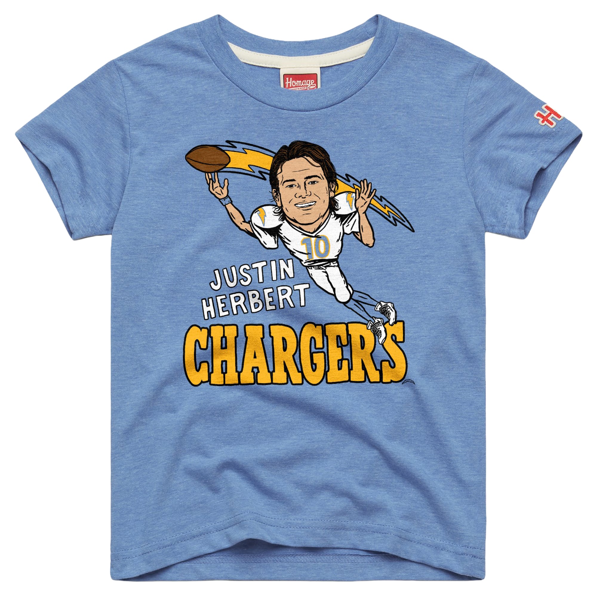 T-shirt caricature bleu ciel « Hommage à Justin Herbert » des Los Angeles Chargers, pour jeunes