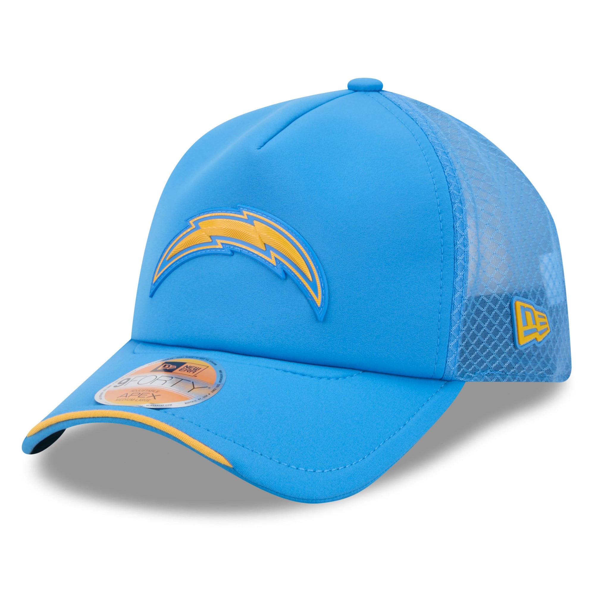 Casquette trucker ajustable New Era Powder Blue Los Angeles Chargers 2026 Sideline Apex 9FORTY pour jeunes