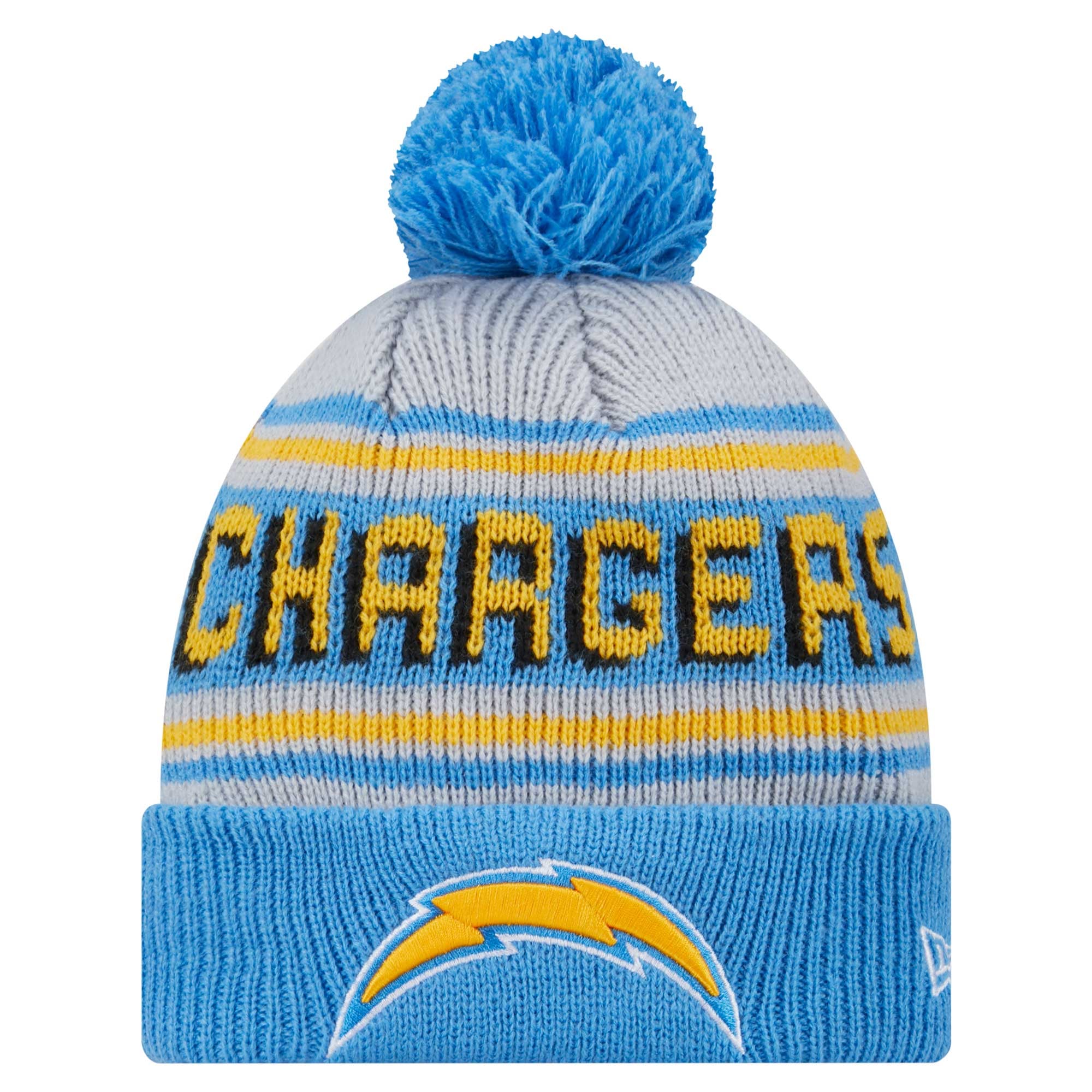 Bonnet tricoté à revers avec pompon bleu poudré Los Angeles Chargers de New Era pour jeune