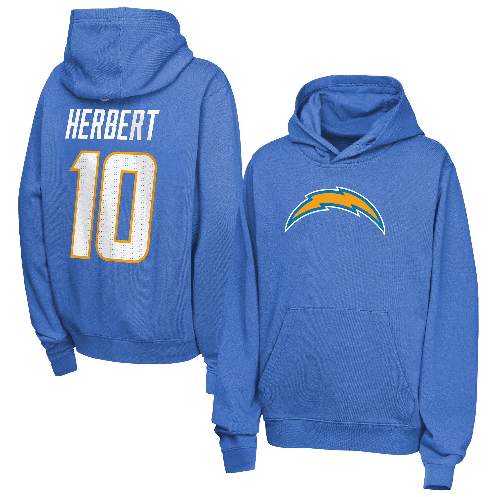 Sweat à capuche en polaire Nike Justin Herbert bleu poudré pour enfant, avec nom et numéro des Chargers de Los Angeles.