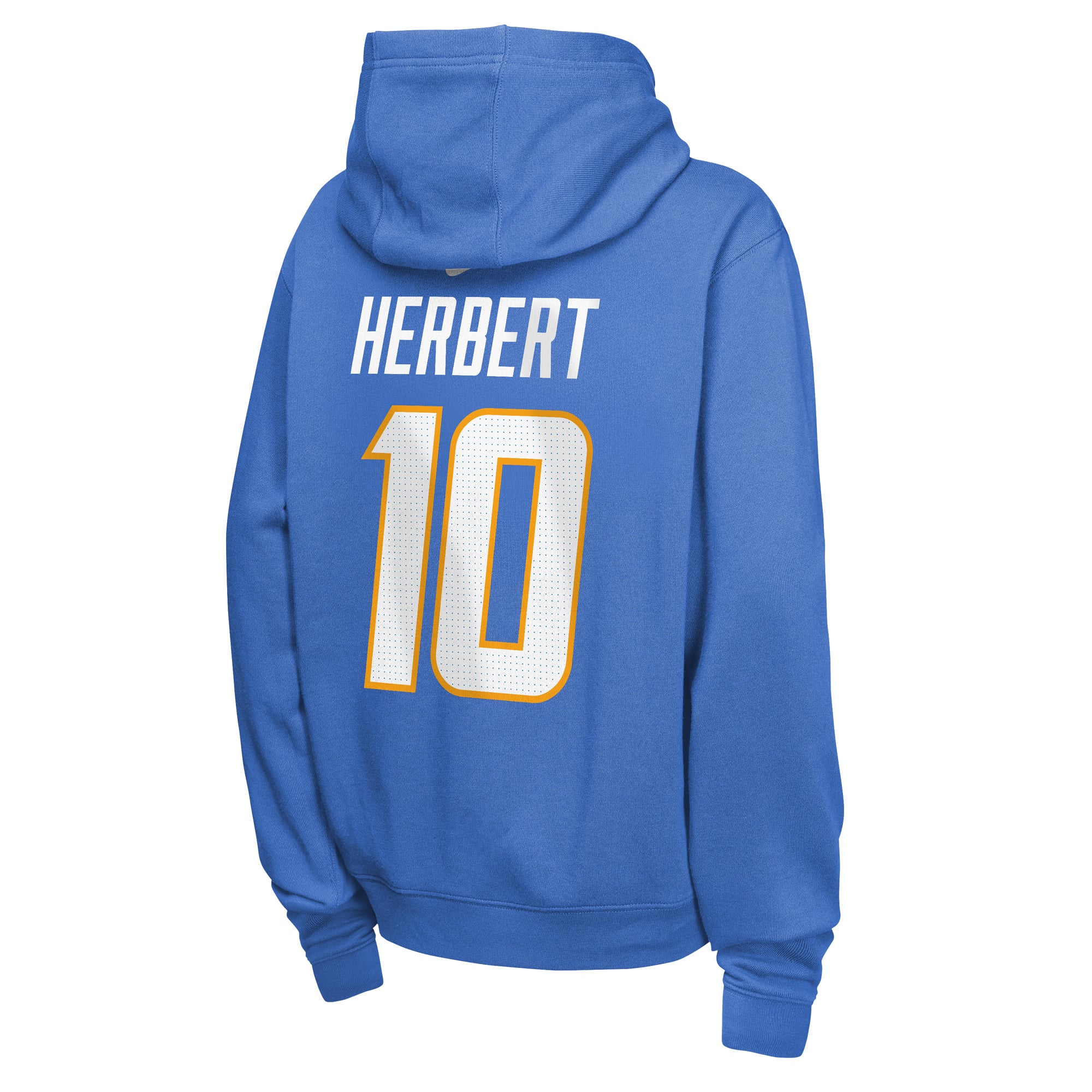 Sweat à capuche en polaire Nike Justin Herbert bleu poudré pour enfant, avec nom et numéro des Chargers de Los Angeles.