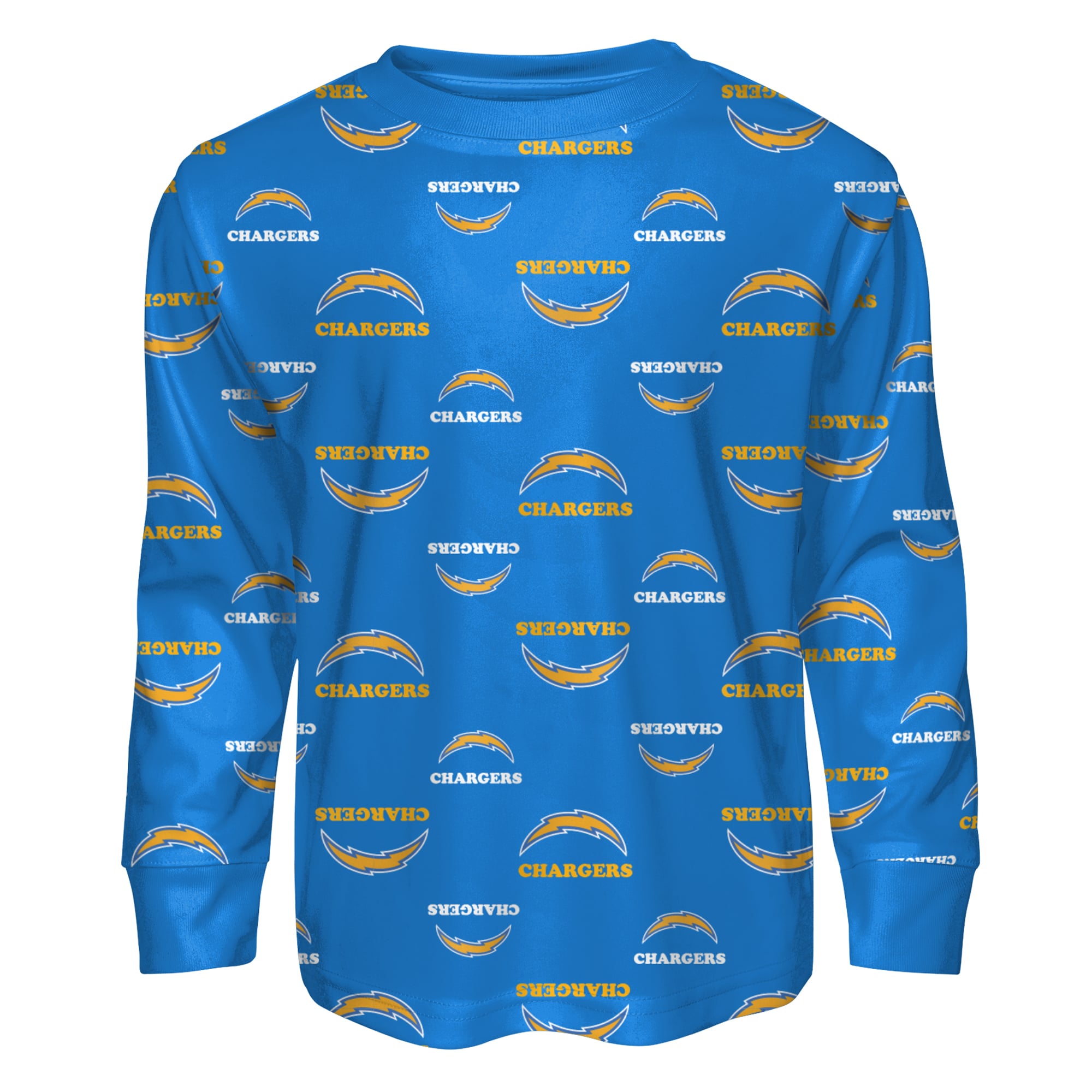 Ensemble pyjama pour enfant Outerstuff bleu poudré Los Angeles Chargers, composé d'un t-shirt à manches longues et pantalon imprimés.