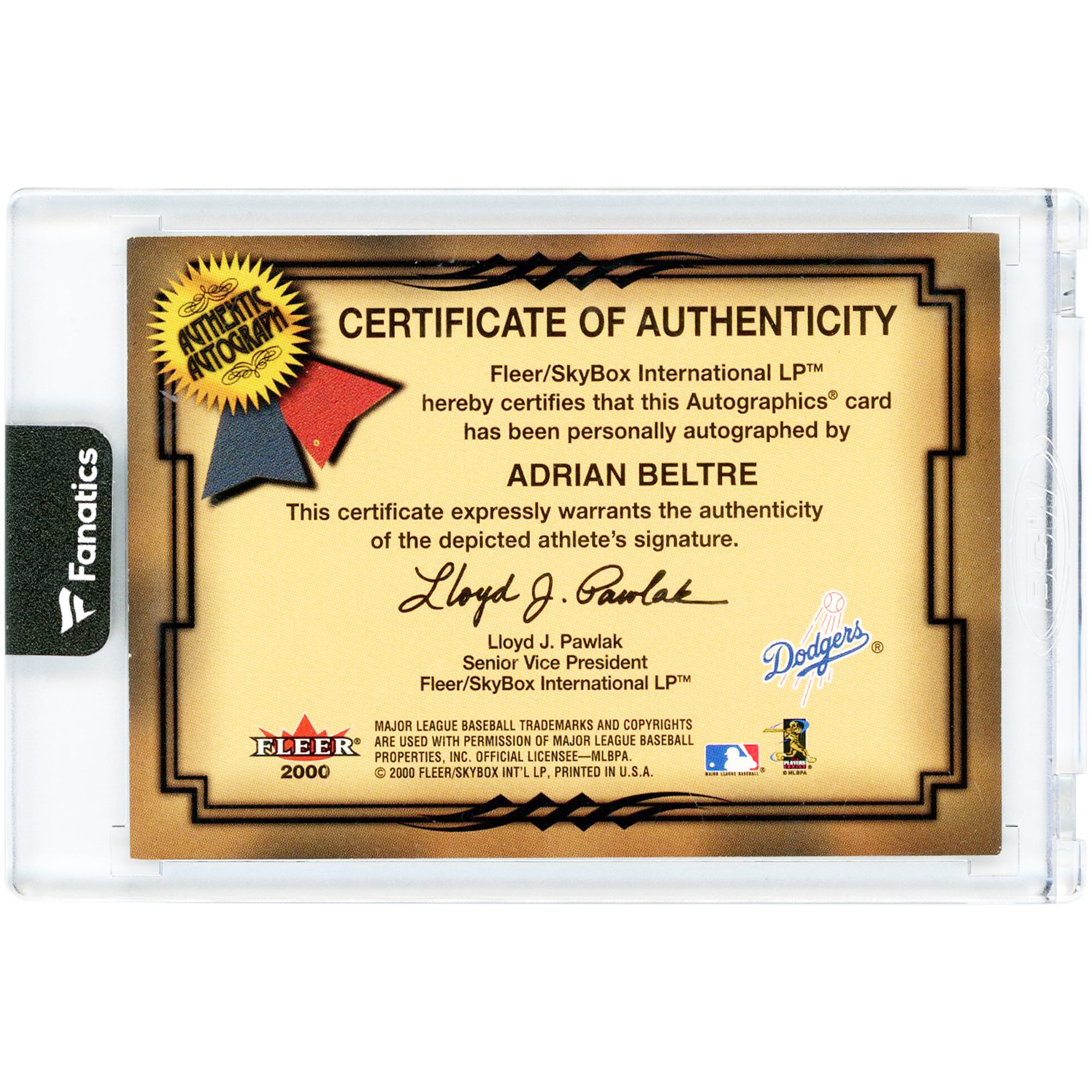 Carte autographiée par Adrian Beltre des Dodgers de Los Angeles, édition 2000 Fleer Autographics, n° AB, n° 156/250