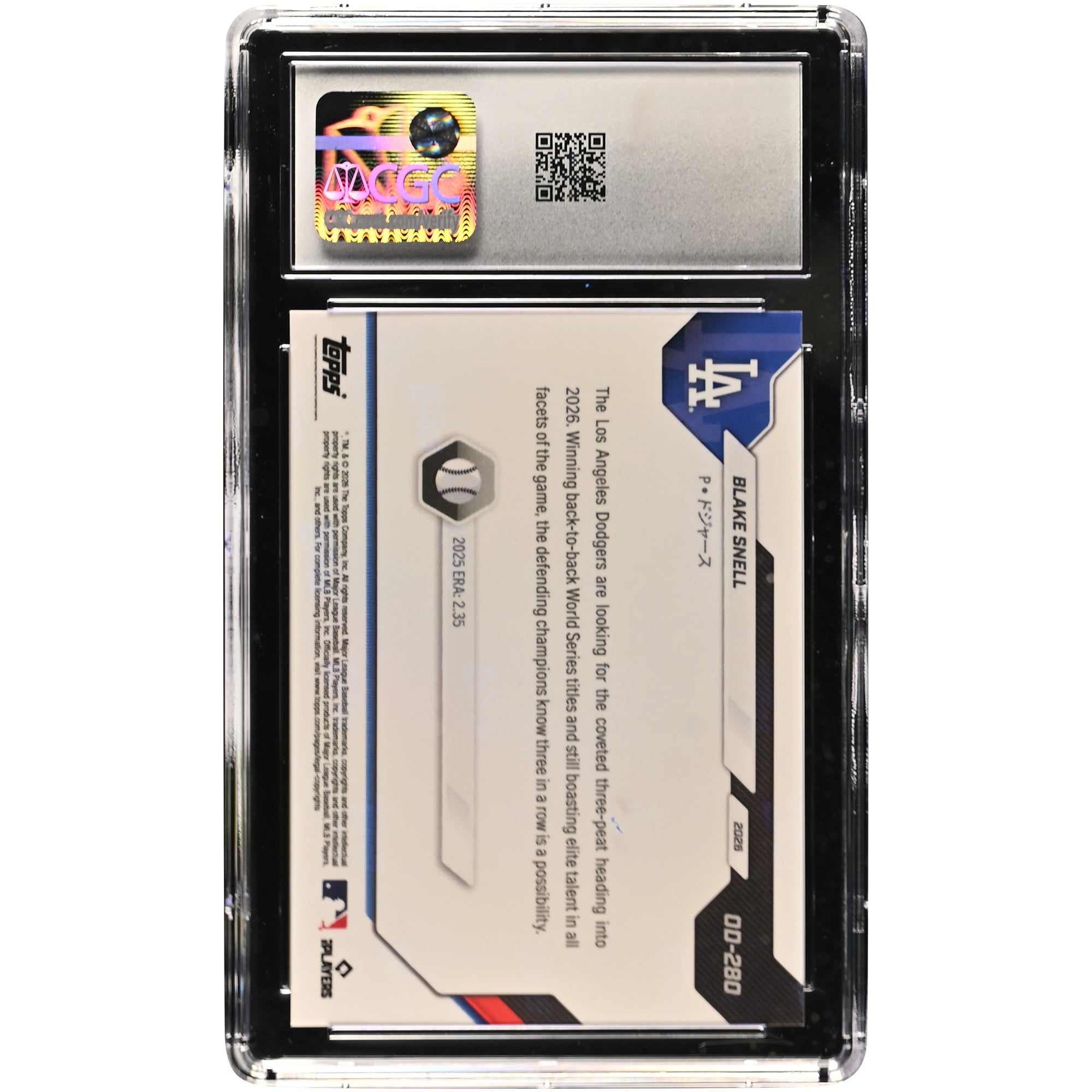 Carte Blake Snell des Dodgers de Los Angeles 2026 Topps Now Road to Opening Day - Édition Japon #OD-280, authentifiée CGC 9.5