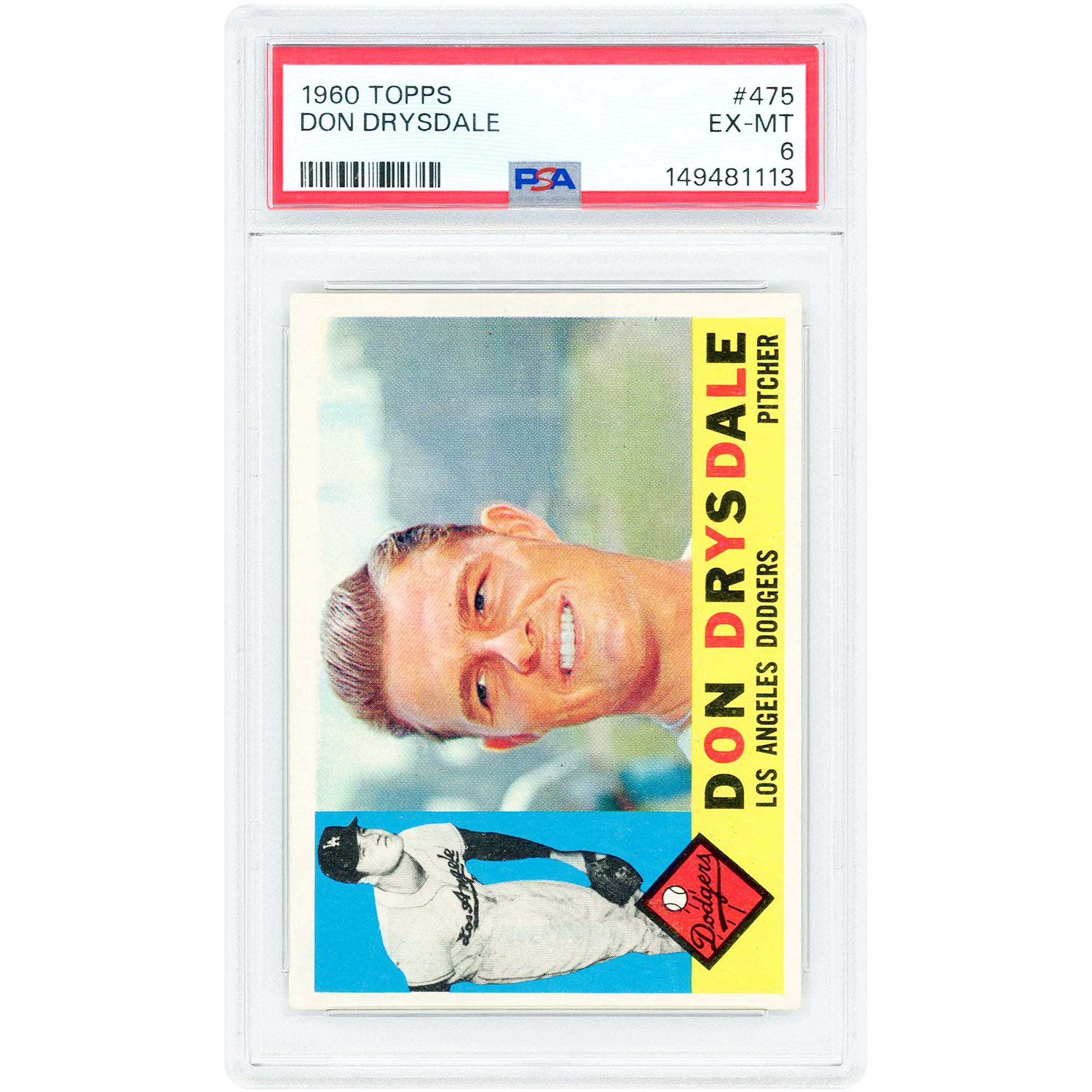 Carte de Don Drysdale, Los Angeles Dodgers, 1960 Topps n° 475, authentifiée par PSA (6 cartes).
