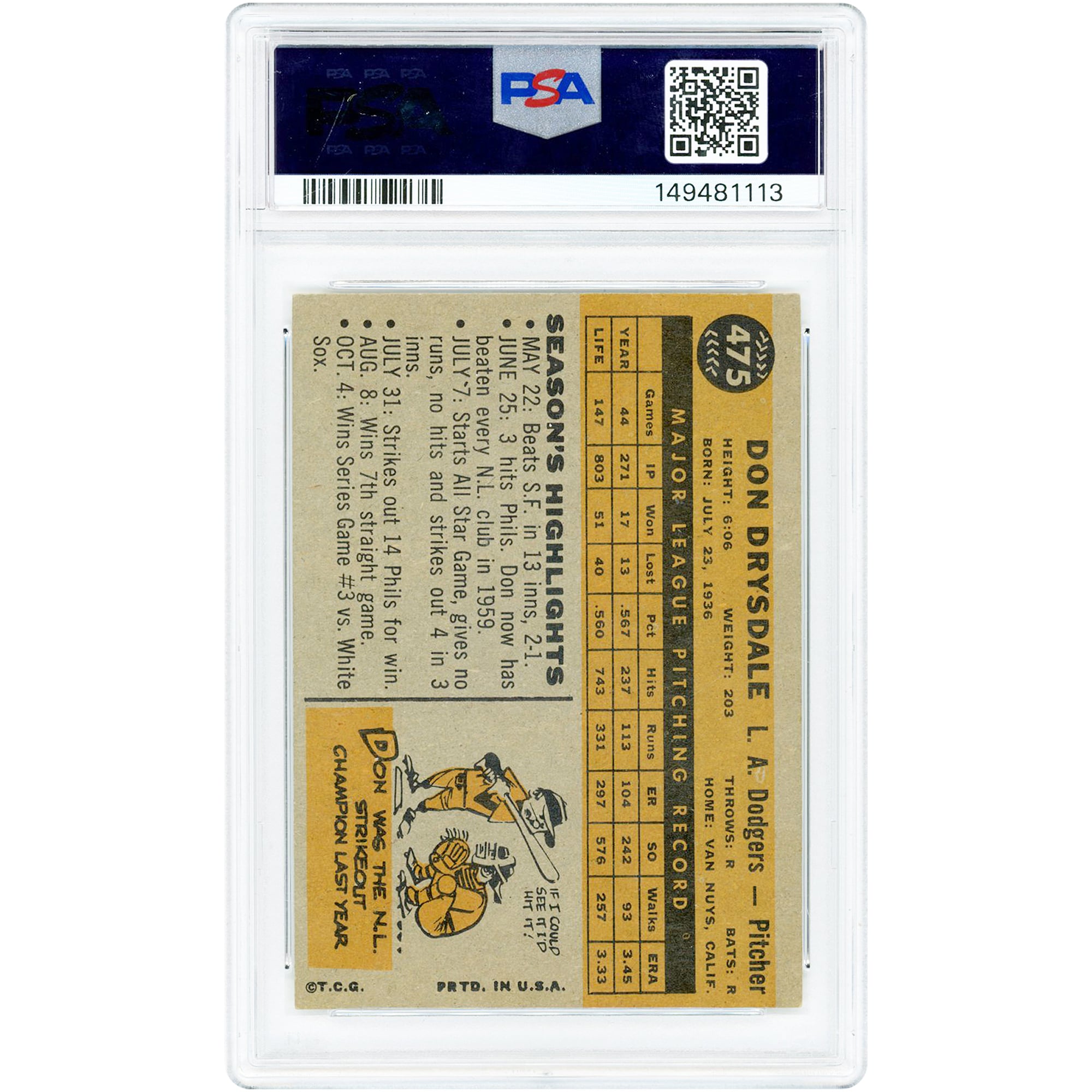 Carte de Don Drysdale, Los Angeles Dodgers, 1960 Topps n° 475, authentifiée par PSA (6 cartes).