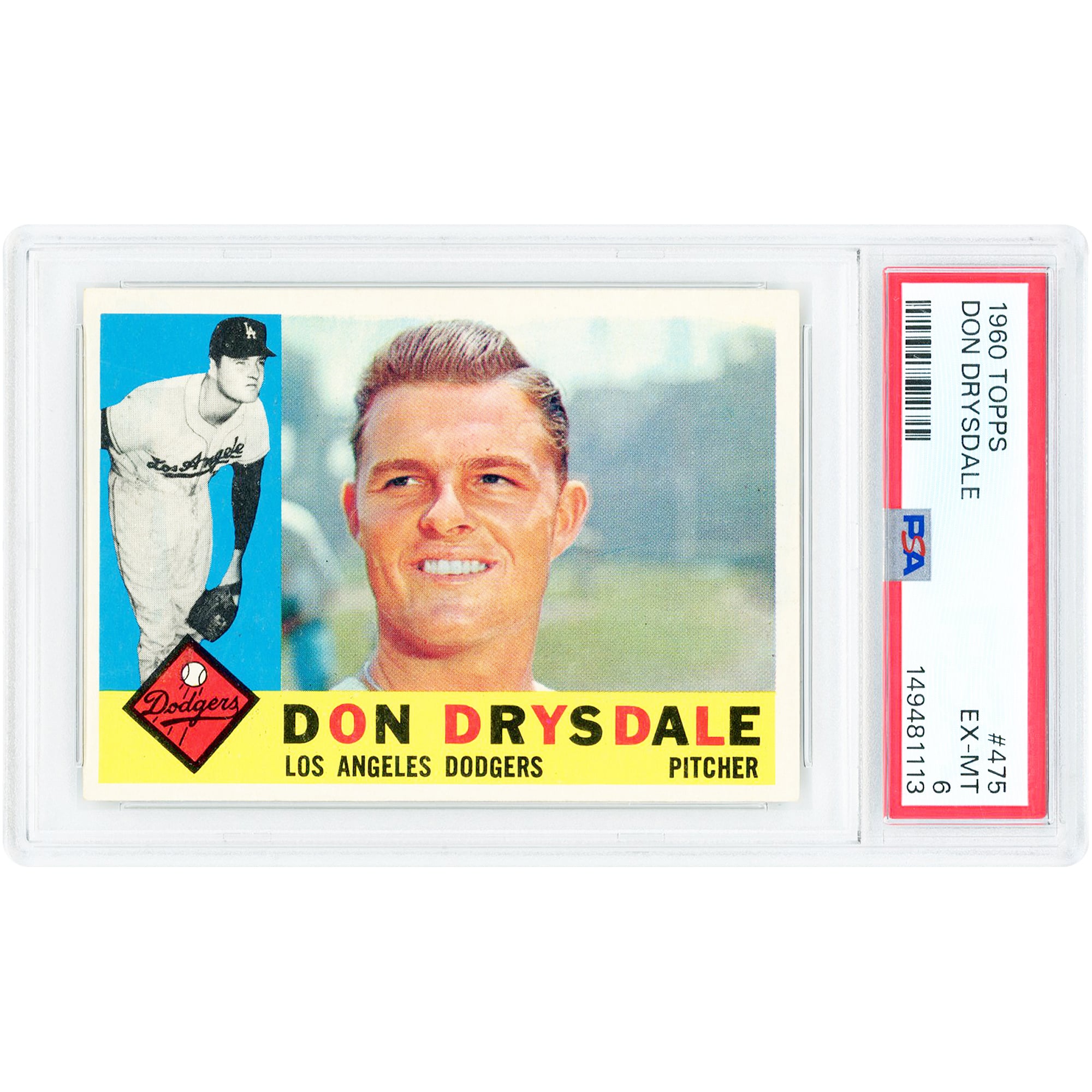 Carte de Don Drysdale, Los Angeles Dodgers, 1960 Topps n° 475, authentifiée par PSA (6 cartes).