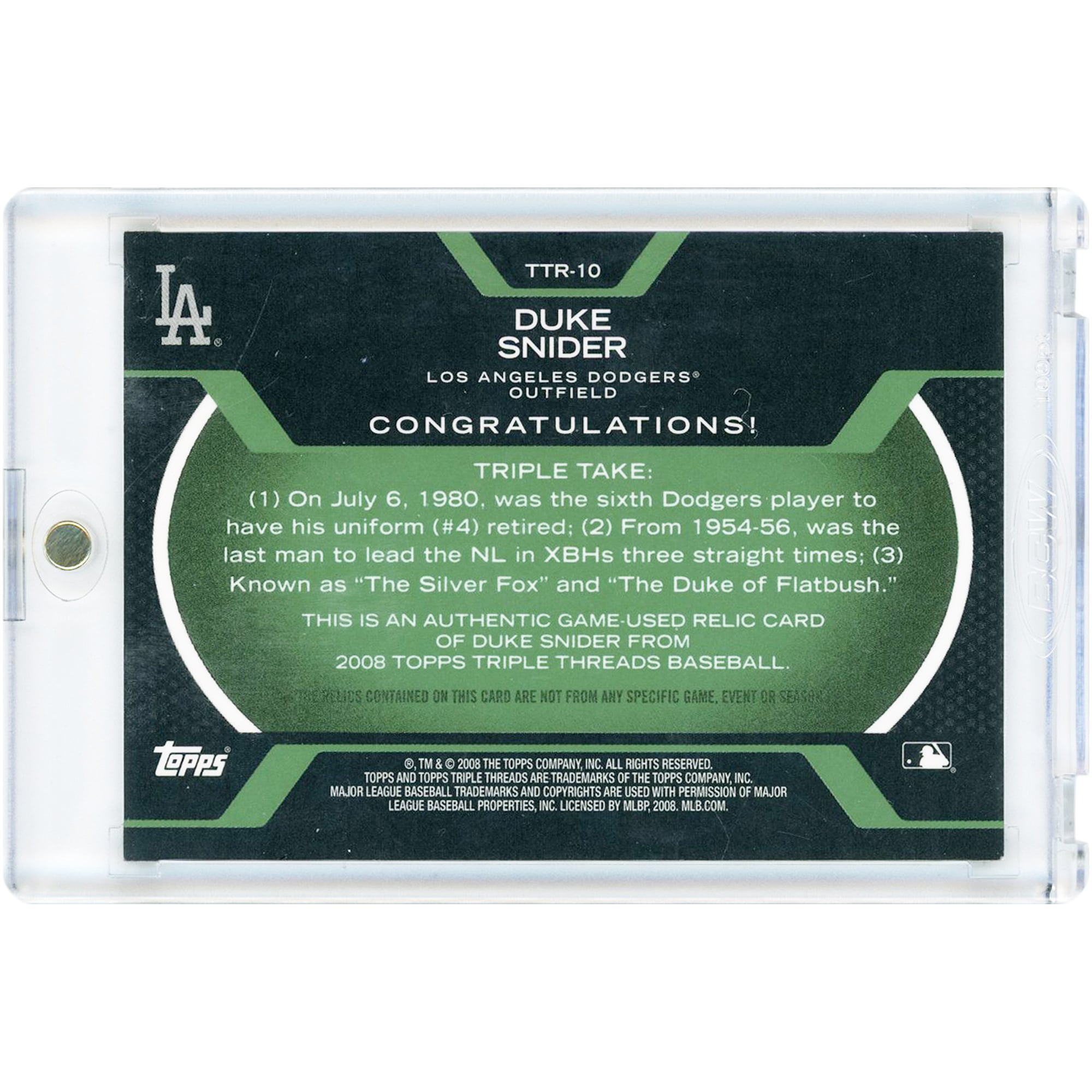 Carte Duke Snider des Dodgers de Los Angeles 2008 Topps Triple Threads Emerald Triple Game Used Jersey Relics #TTR-10 #16/18