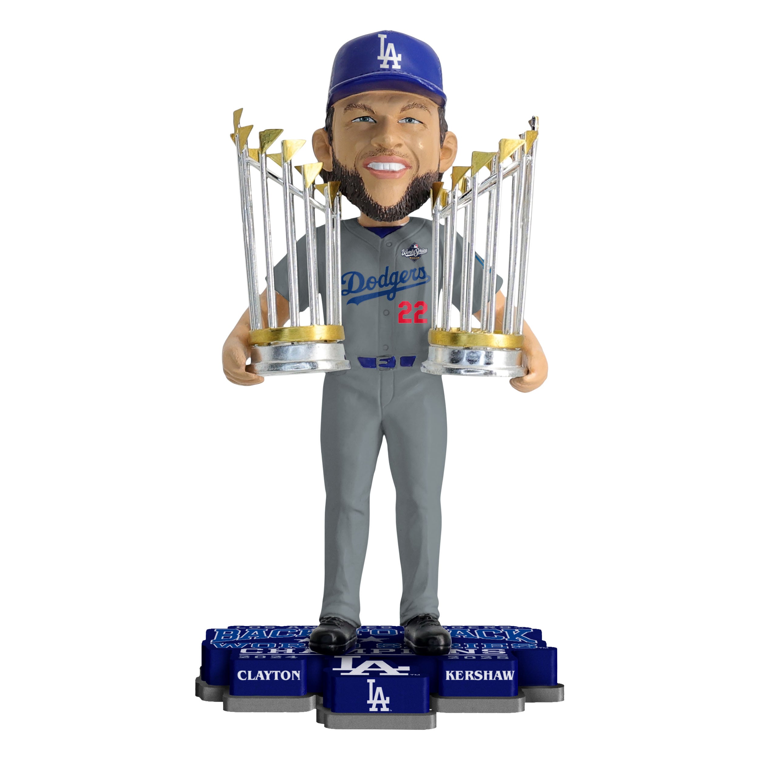Figurine à tête branlante de 20 cm (8 pouces) de Clayton Kershaw, des Dodgers de Los Angeles, doubles champions des Séries mondiales.
