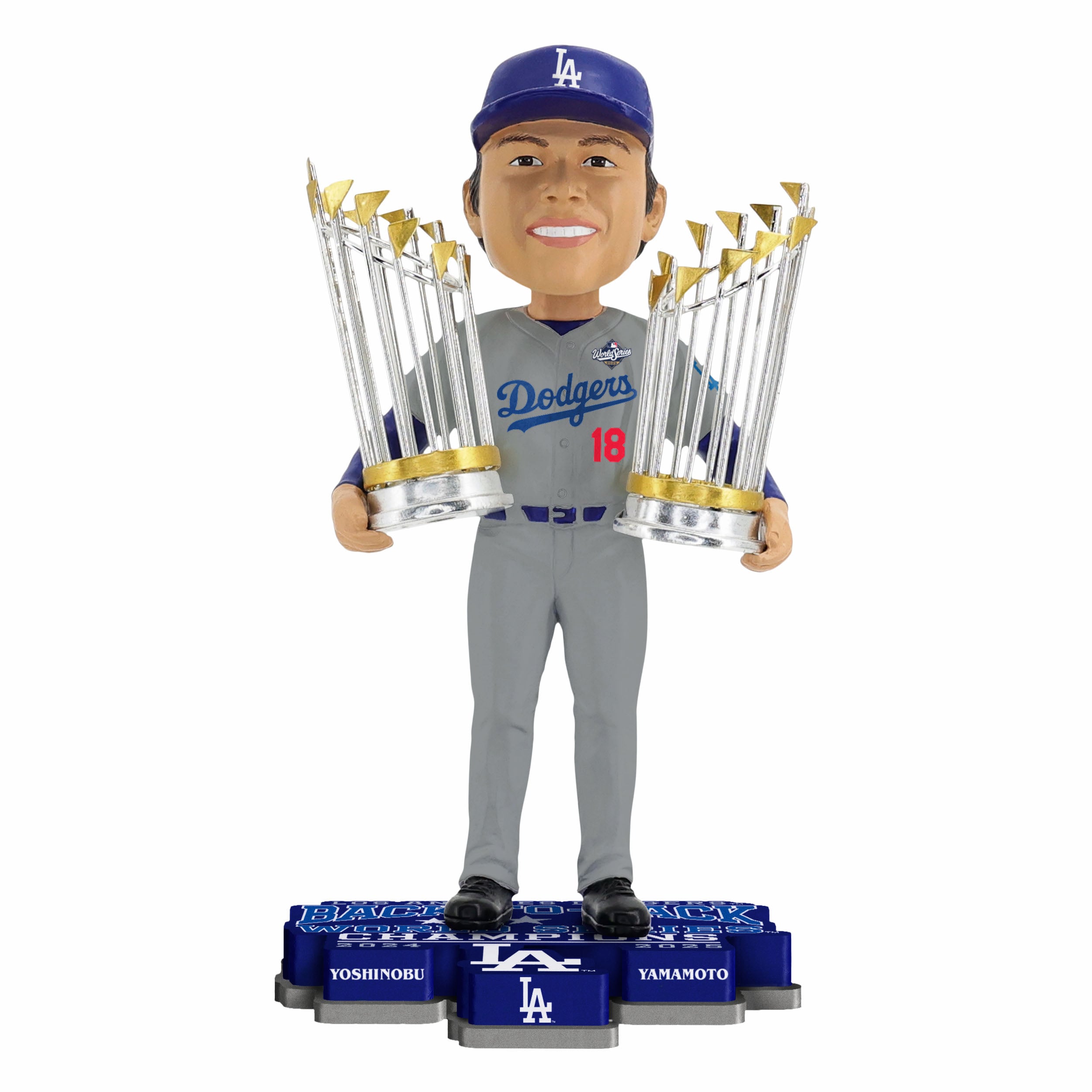 Figurine à tête branlante de 20 cm (8 pouces) de Yoshinobu Yamamoto, des Dodgers de Los Angeles, doubles champions des Séries mondiales.