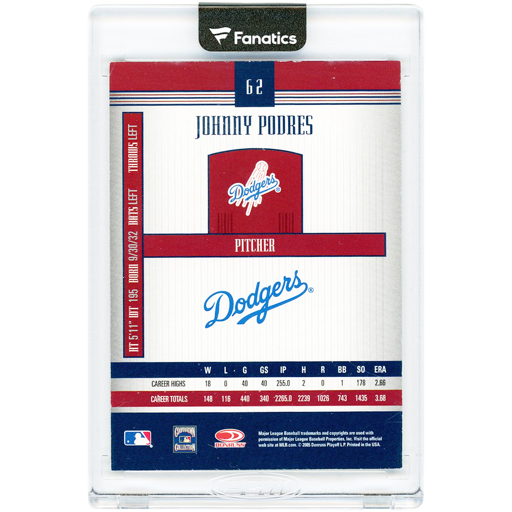 Carte autographiée par Johnny Podres des Dodgers de Los Angeles, série Donruss Signature 2005, numéro 62