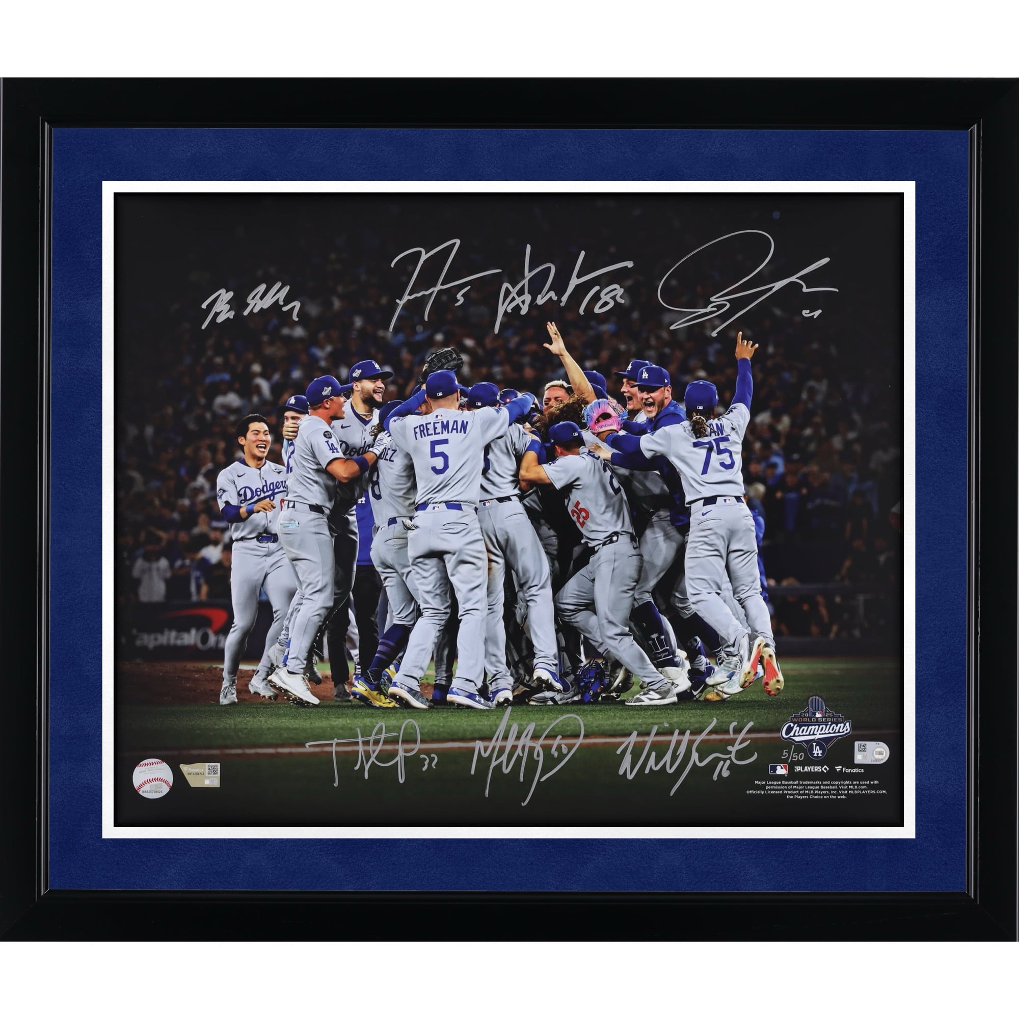 Los Angeles Dodgers 2025 World Series Champions Autographed 16" x 20" Celebration Photograph with 7 Signatures - Limited Edition #5/50