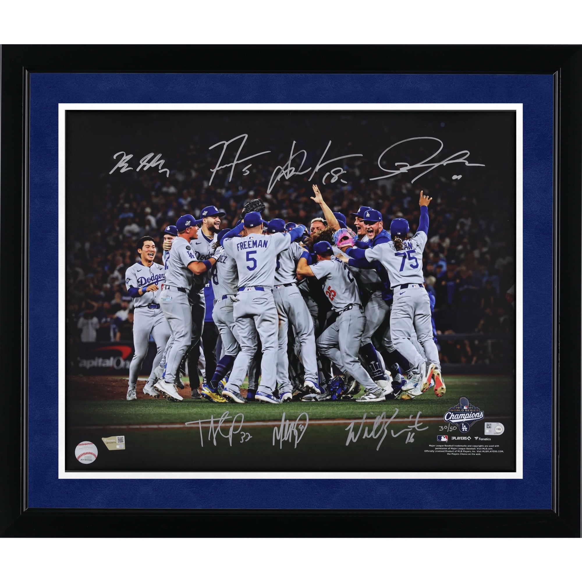 Los Angeles Dodgers Autographed 2025 World Series Champions 16" x 20" Celebration Photograph with 7 Signatures - Limited Edition of 50