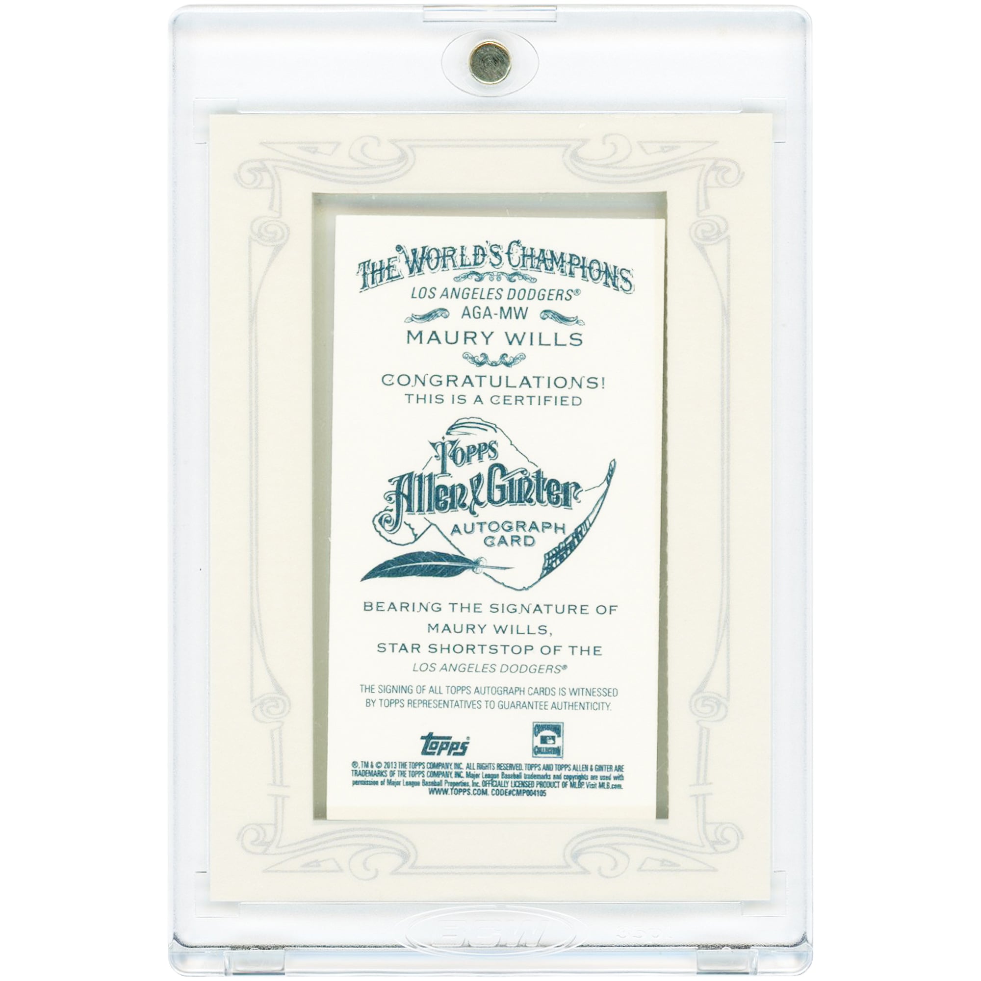 Carte Topps Allen & Ginter Mini #AGA-MW 2013 autographiée par Maury Wills des Dodgers de Los Angeles
