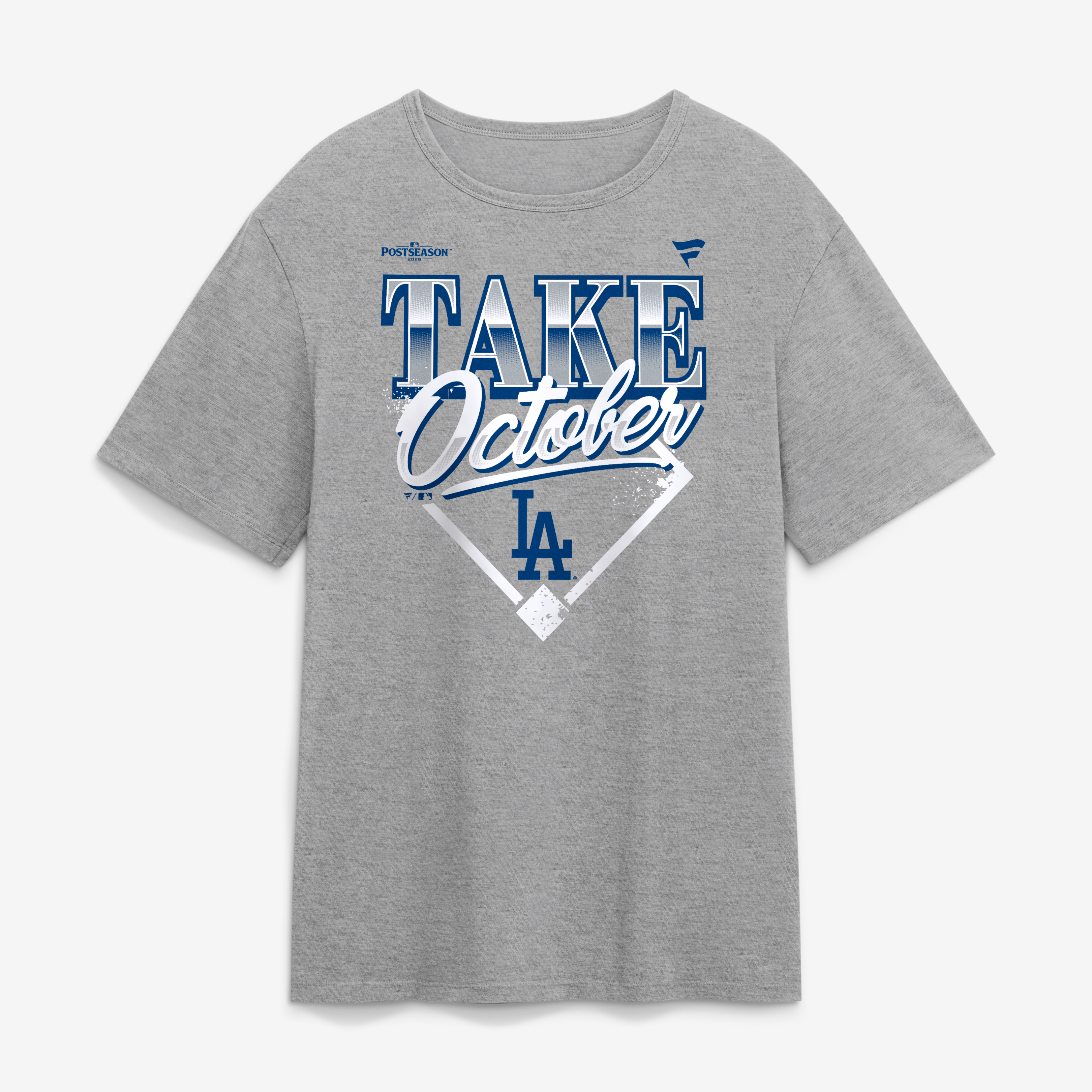 T-shirt gris pour homme des Dodgers de Los Angeles, champions la série division MLB 2026, vestiaire « Prenez octobre »
