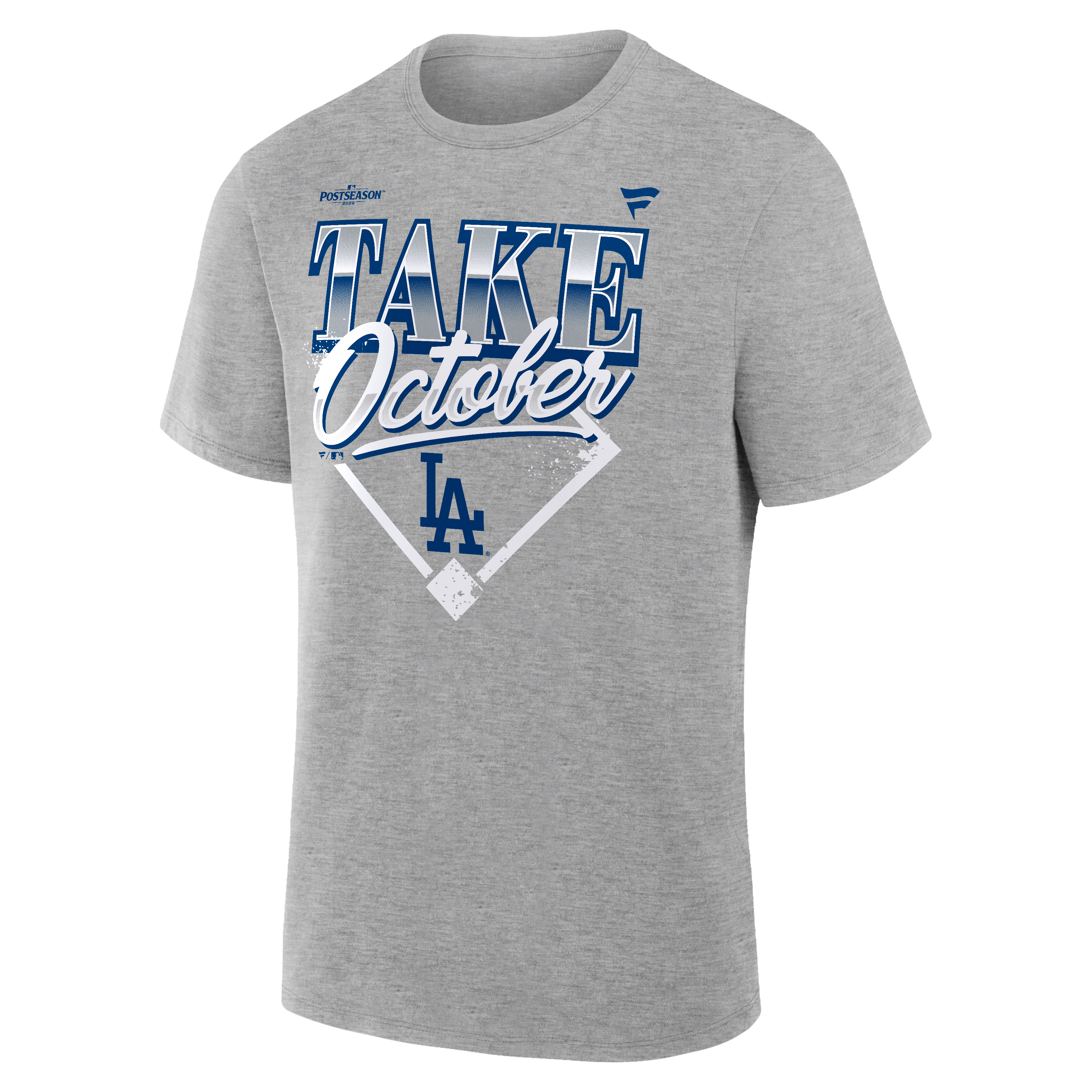 T-shirt gris pour homme des Dodgers de Los Angeles, champions la série division MLB 2026, vestiaire « Prenez octobre »