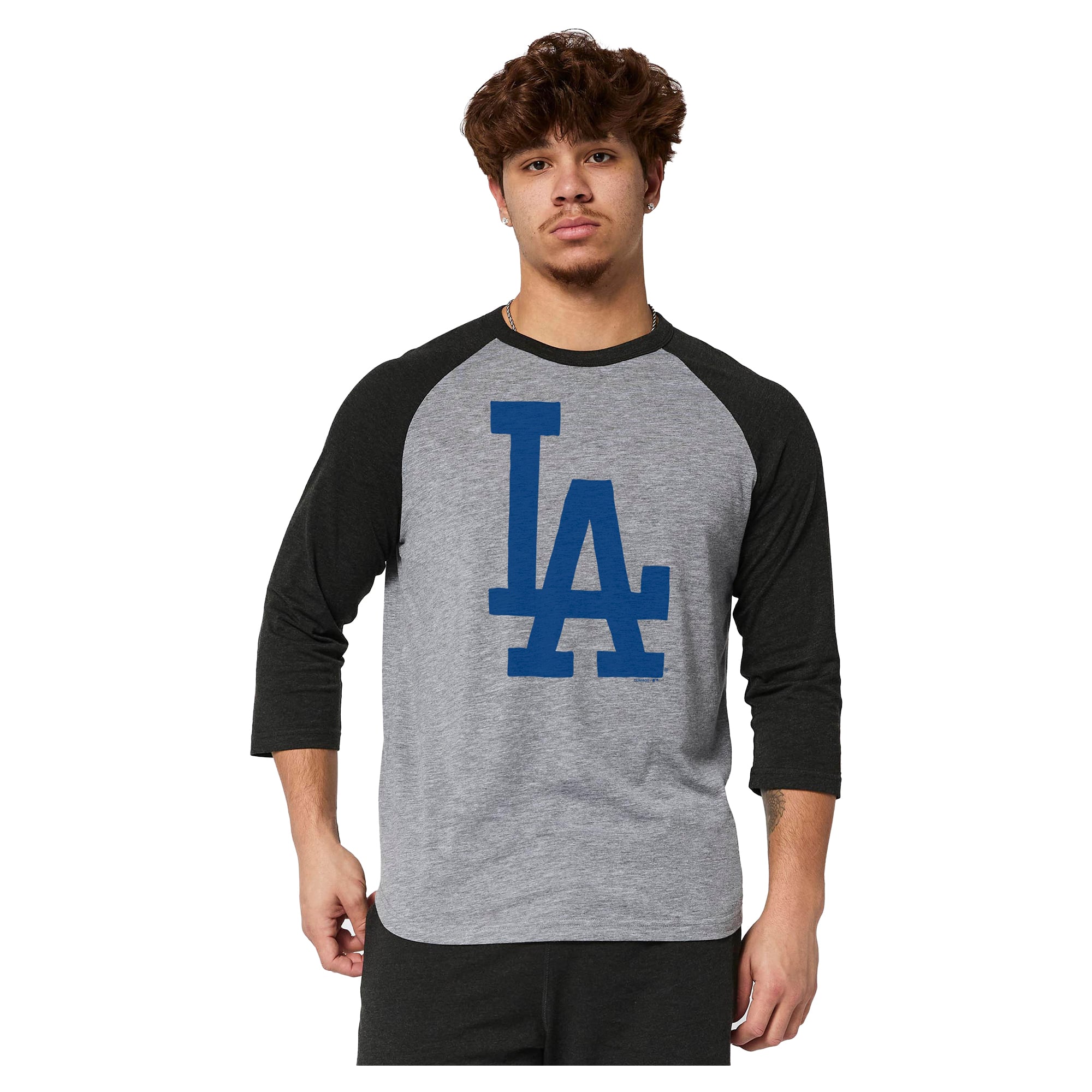 T-shirt raglan à manches 3/4 pour homme, style Hommage, gris, Los Angeles Dodgers, mélange de trois matières.
