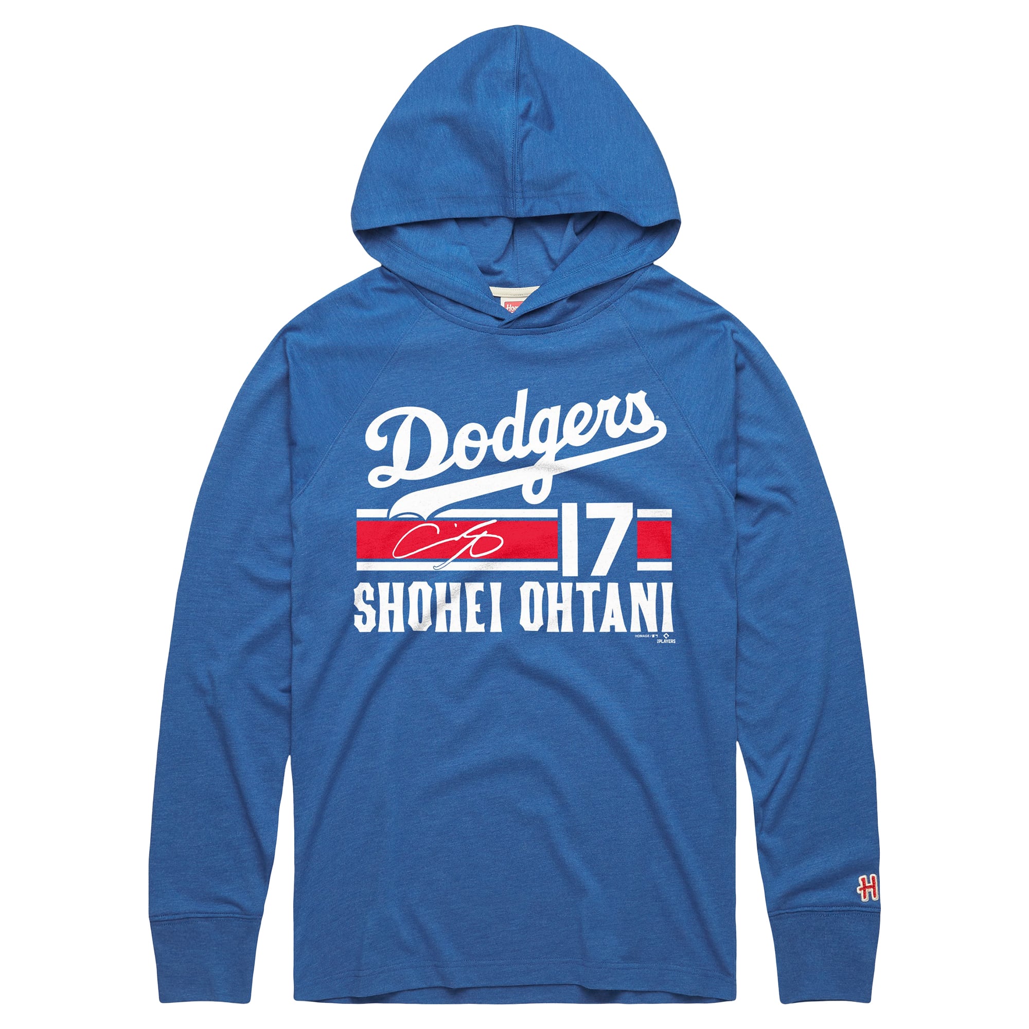 T-shirt à capuche manches longues en mélange de trois matières, hommage Shohei Ohtani Royal Los Angeles Dodgers Cooperstown Collection, avec nom et numéro.