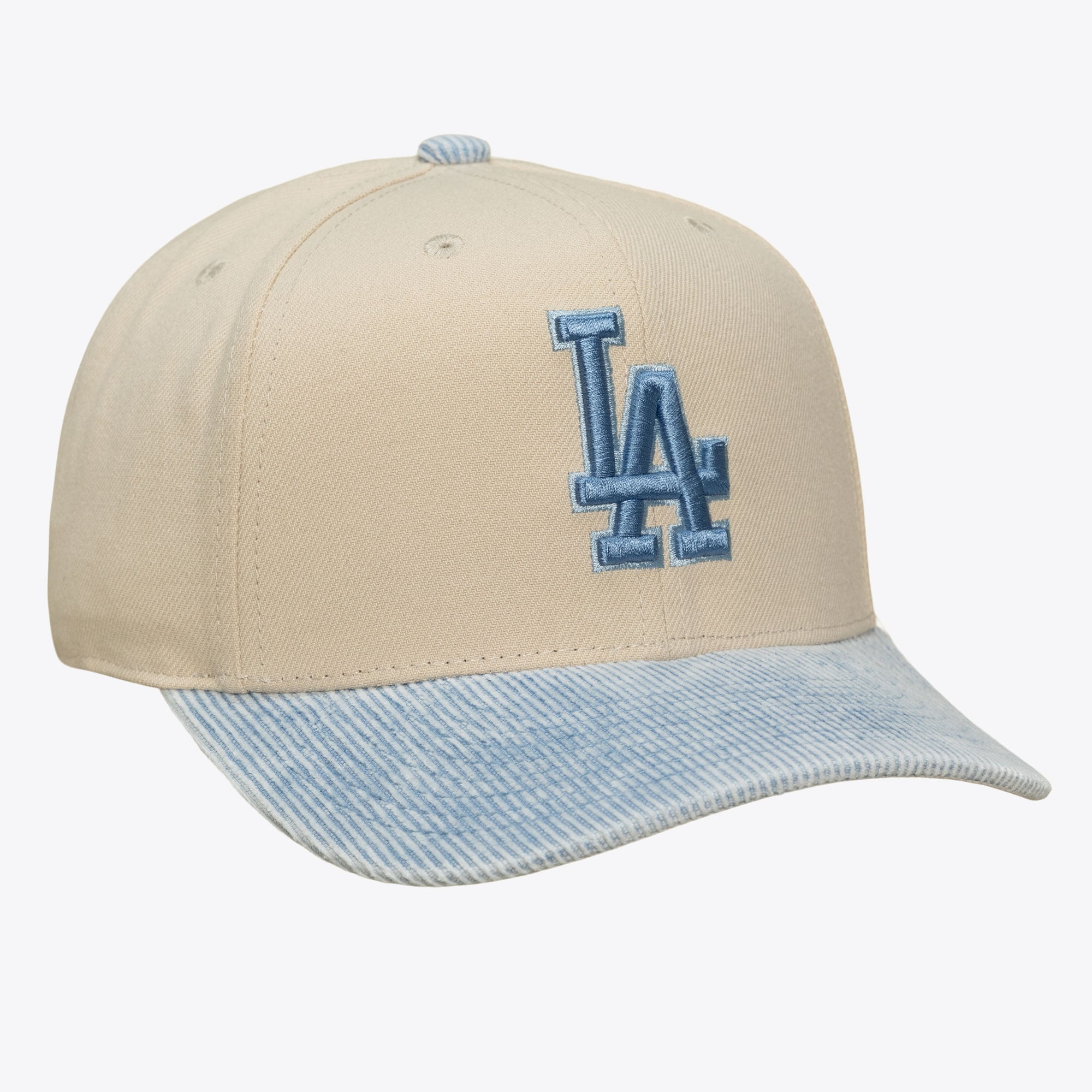Casquette Mitchell & Ness Pro Crown Snapback crème/bleu clair pour homme, Los Angeles Dodgers, en velours côtelé lavé.