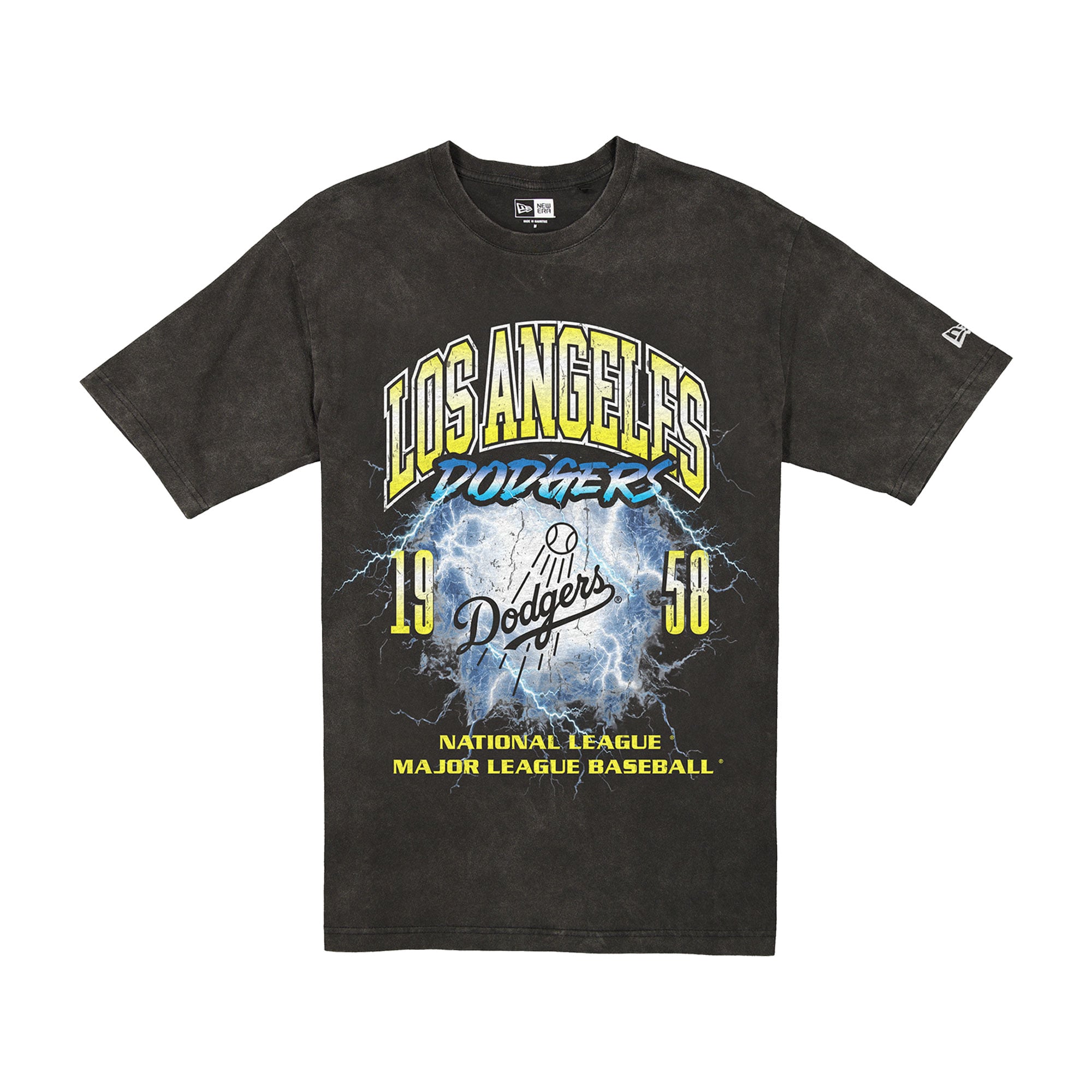 T-shirt New Era noir pour homme, Los Angeles Dodgers, motif éclair, délavage minéral