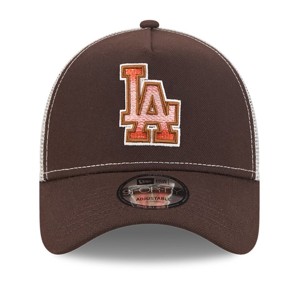 Men's New Era Brown Los Angeles Dodgers Pumpkin Spice A-Frame 9FORTY Adjustable Trucker Hat