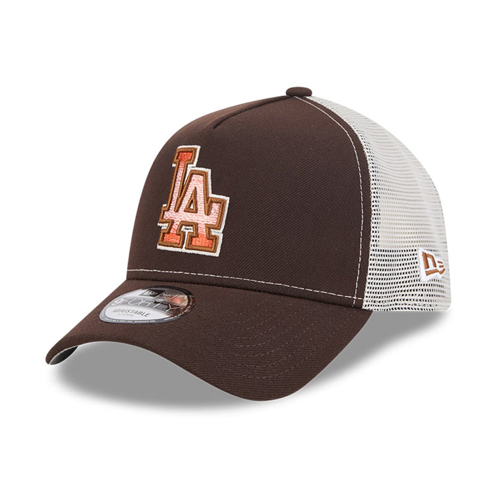 Men's New Era Brown Los Angeles Dodgers Pumpkin Spice A-Frame 9FORTY Adjustable Trucker Hat