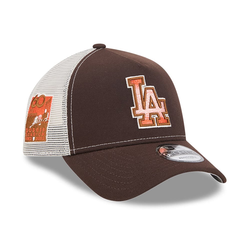 Men's New Era Brown Los Angeles Dodgers Pumpkin Spice A-Frame 9FORTY Adjustable Trucker Hat