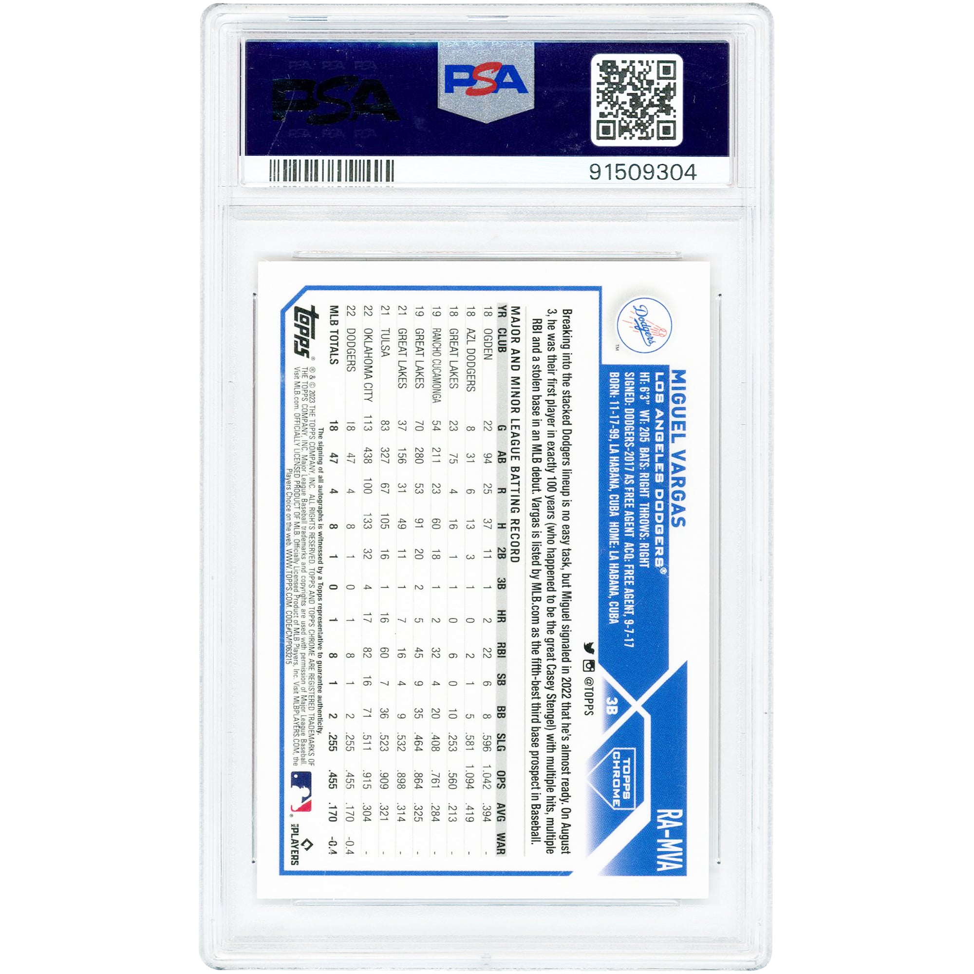 Carte de recrue autographiée de Miguel Vargas (Los Angeles Dodgers), Topps Chrome Orange Refractor 2023, numéro RA-MVA, authentifiée PSA 9, n° 22/25