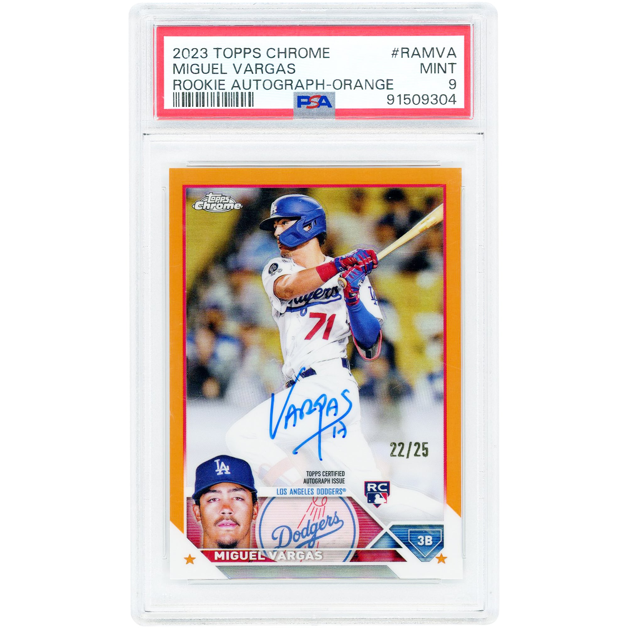 Carte de recrue autographiée de Miguel Vargas (Los Angeles Dodgers), Topps Chrome Orange Refractor 2023, numéro RA-MVA, authentifiée PSA 9, n° 22/25