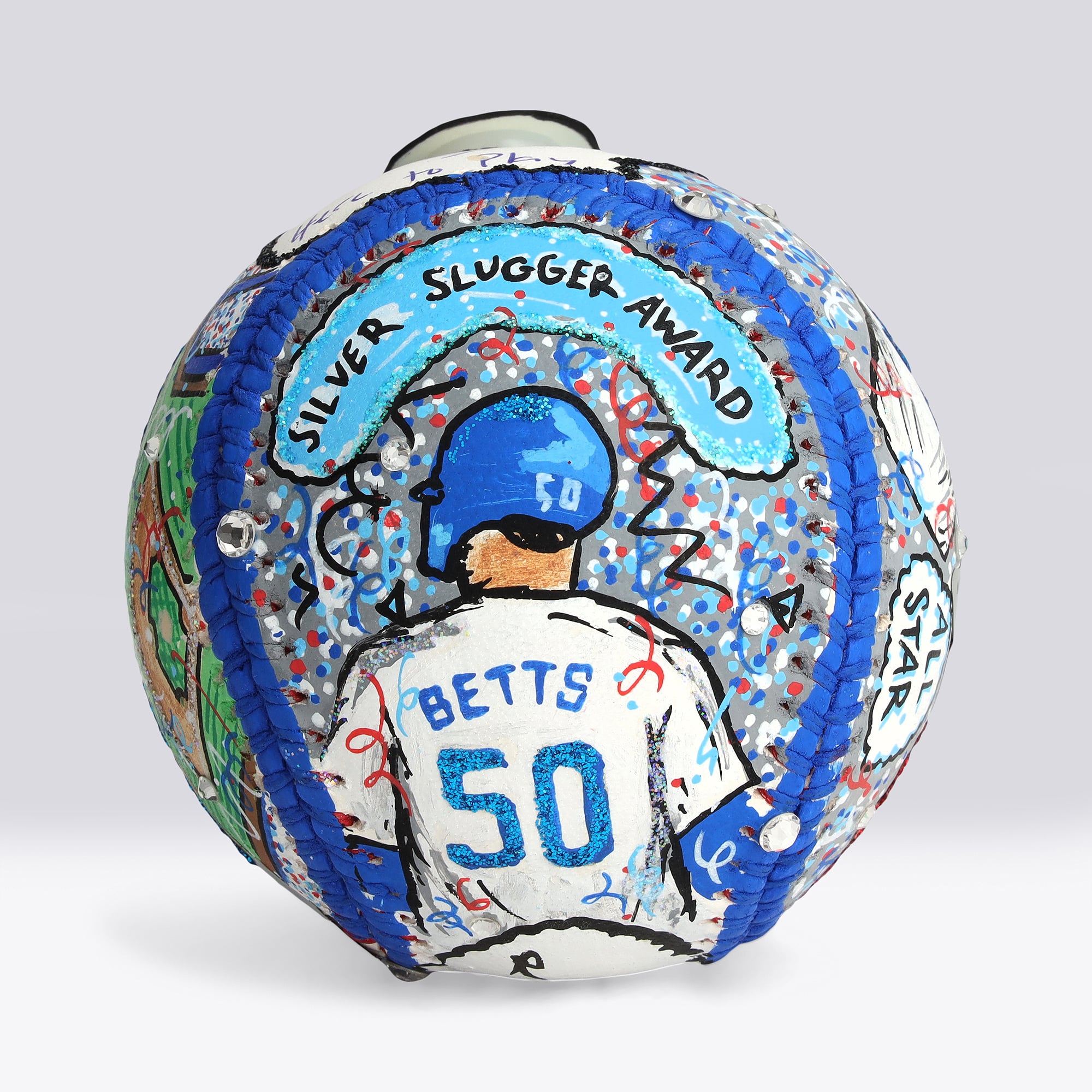 Balle de baseball autographiée par Mookie Betts des Dodgers de Los Angeles avec l'inscription « Here To Play » - Illustration de Charles Fazzino - NF70445970