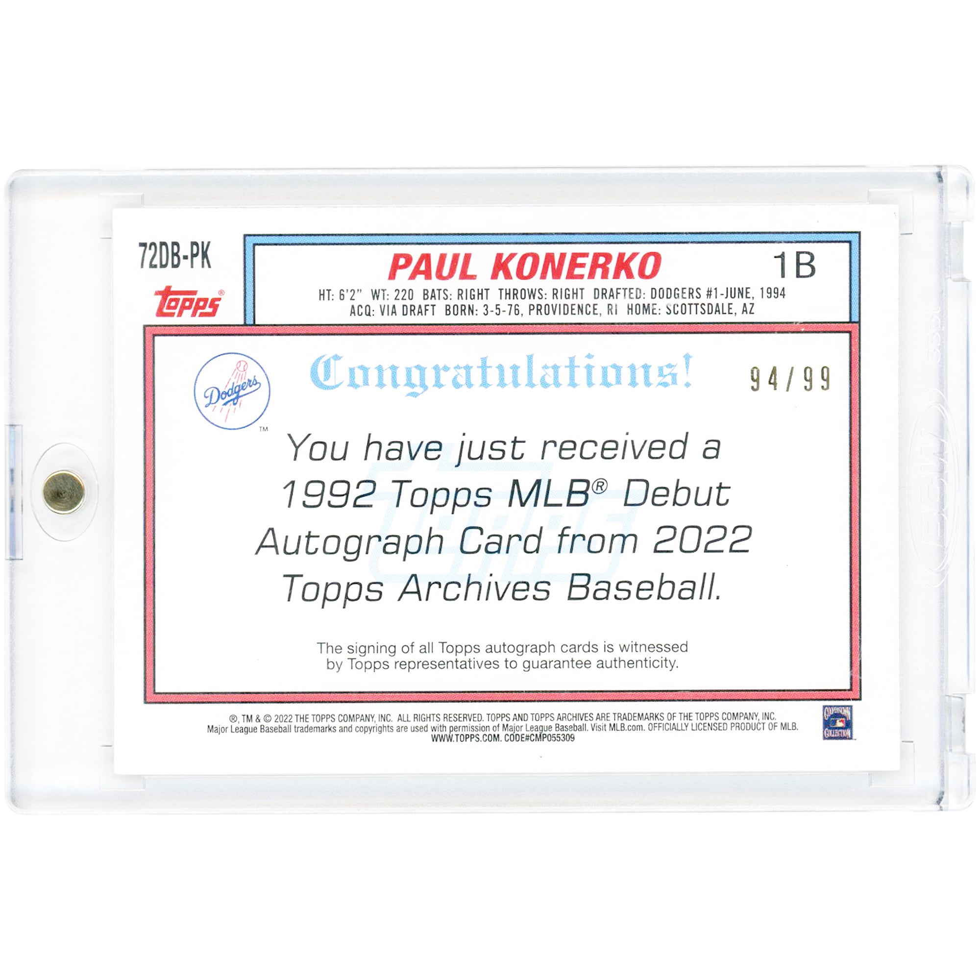 Carte autographiée de Paul Konerko (Los Angeles Dodgers), collection Topps Archives 2022, Topps MLB Debut Silver 1992, n° 72DB-PK, n° 94/99