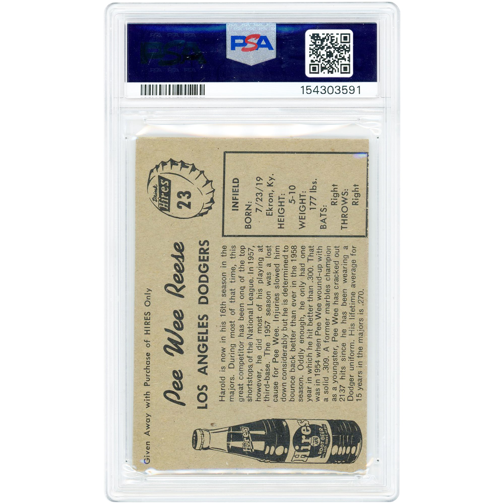 Carte Pee Wee Reese Los Angeles Dodgers 1958 Hires Root Beer sans languette n° 23 authentifiée par PSA (4 cartes)