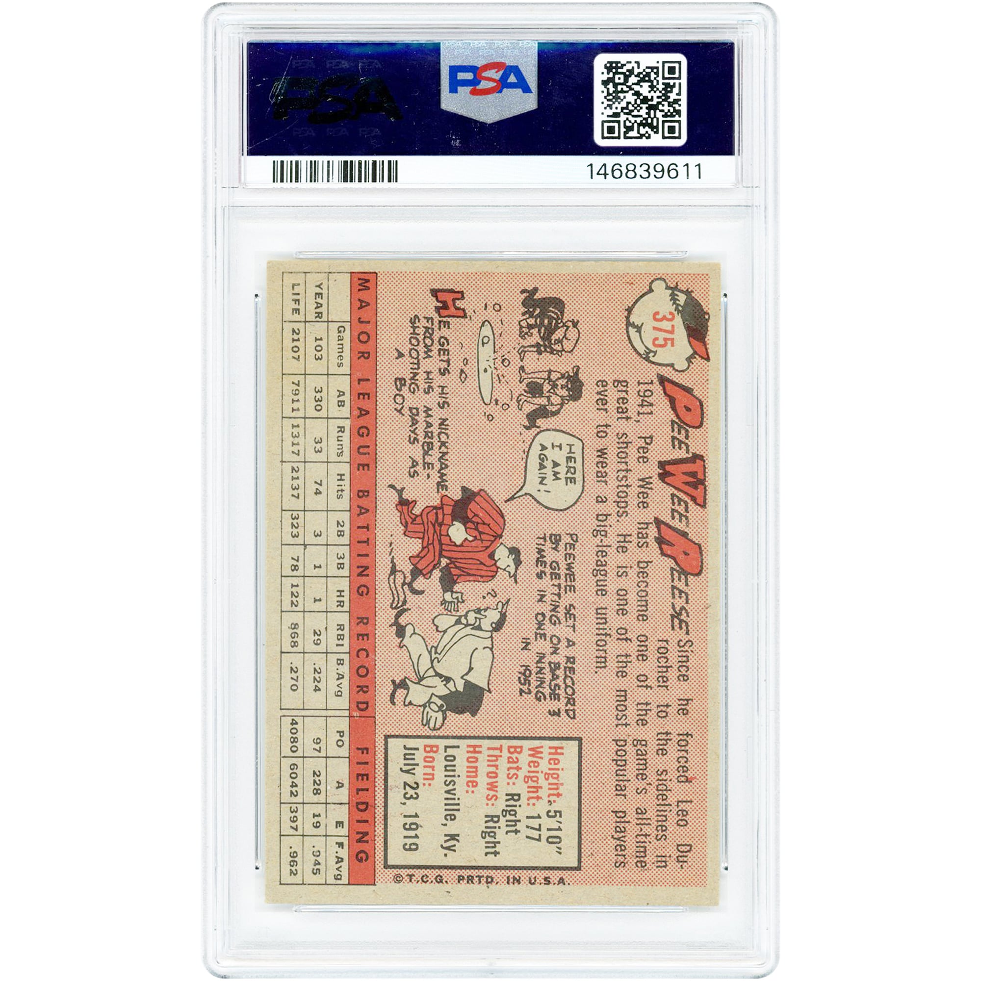 Carte Pee Wee Reese des Dodgers de Los Angeles 1958 Topps n° 375 authentifiée par PSA (4 cartes)