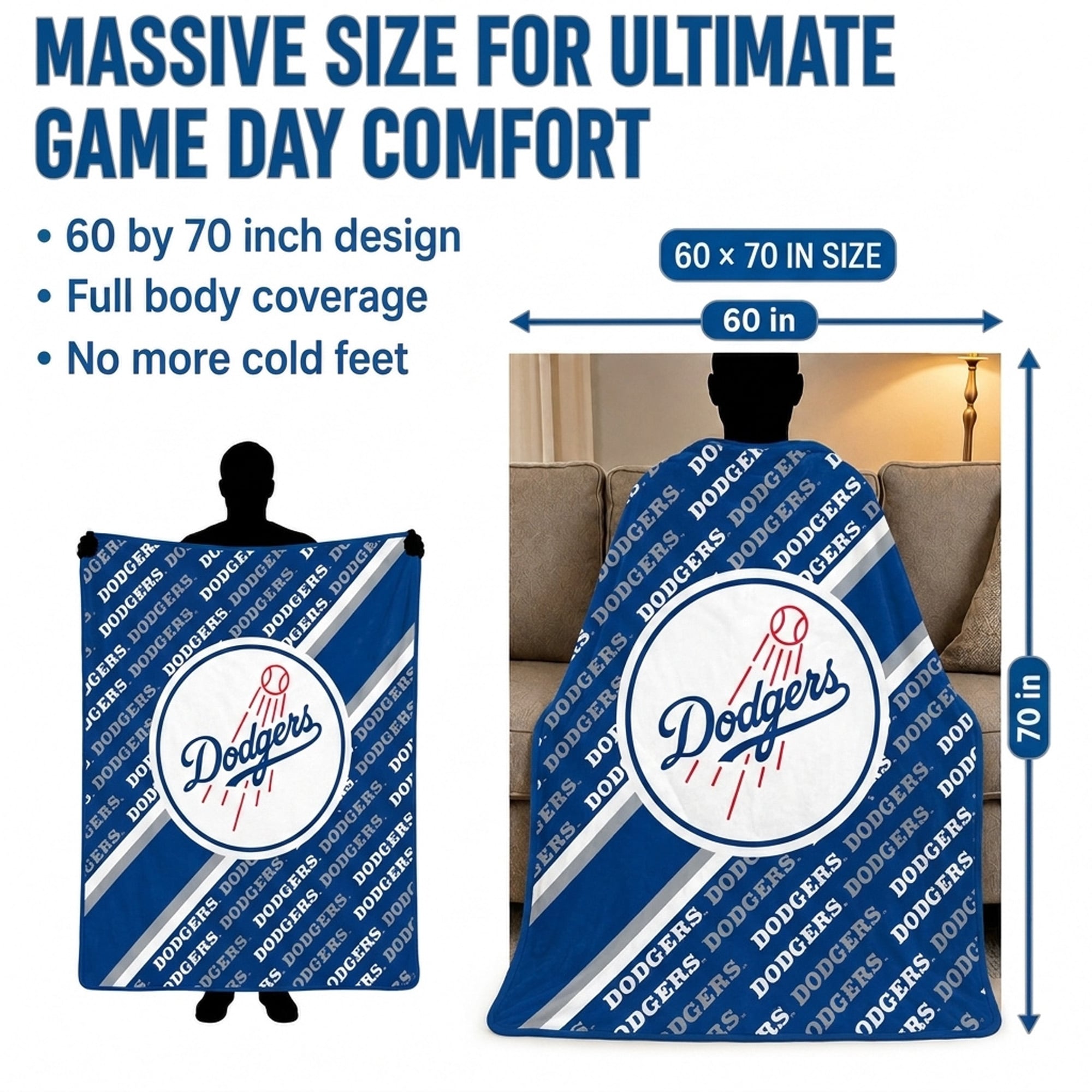 Couverture ultra douce Pegasus Los Angeles Dodgers, 152 x 178 cm (diagonale), doublée, avec logo.