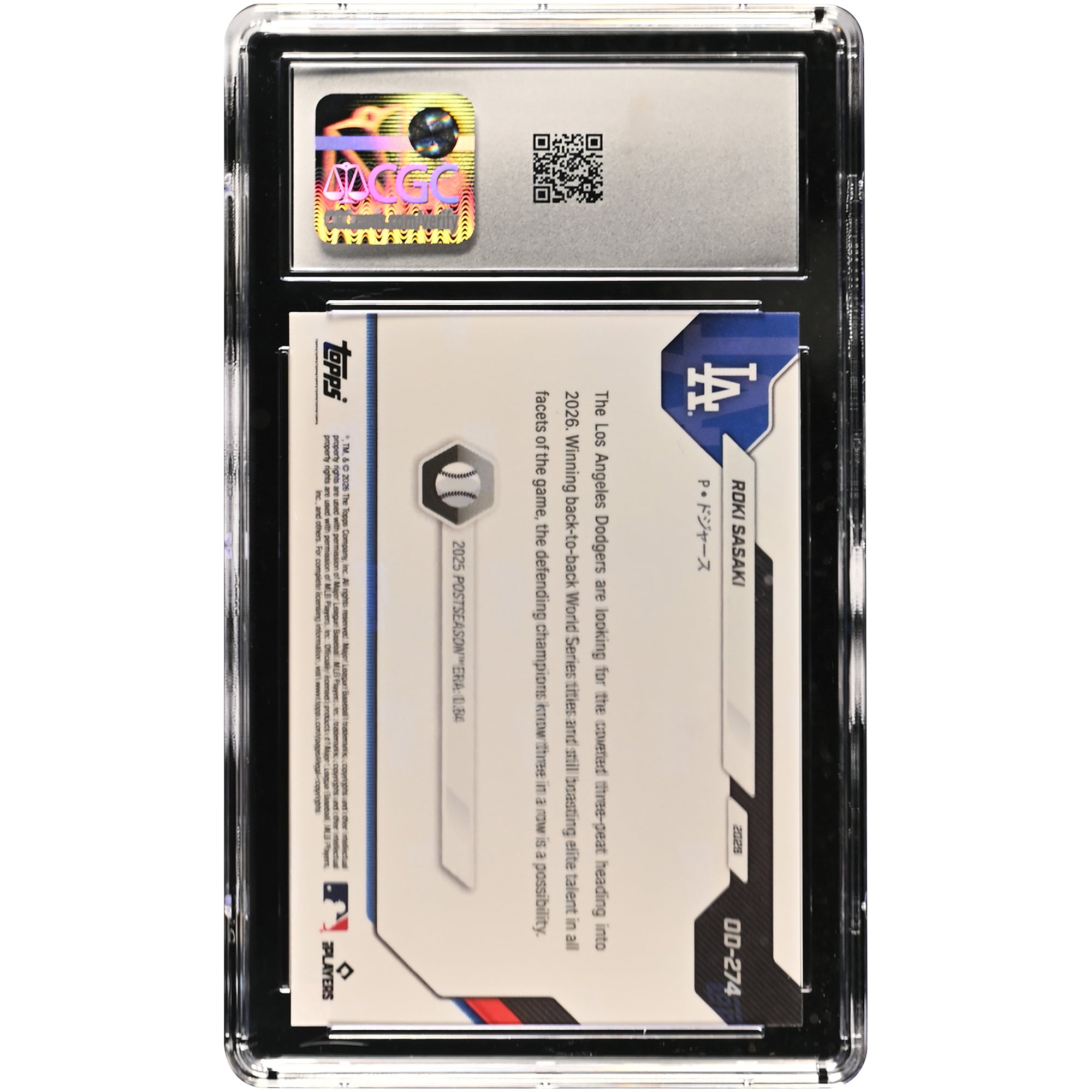 Roki Sasaki, Los Angeles Dodgers, Topps Now 2026, Road to Opening Day - Édition Japon, n° OD-274, authentifiée CGC, carte de 10 pouces