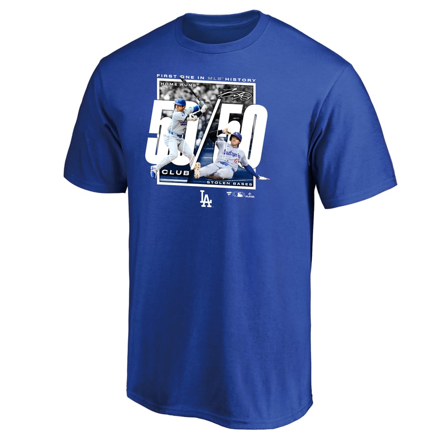 受注販売】大谷翔平 50-50 FIRST ONE IN MLB HISTORY Tシャツ ブルー 