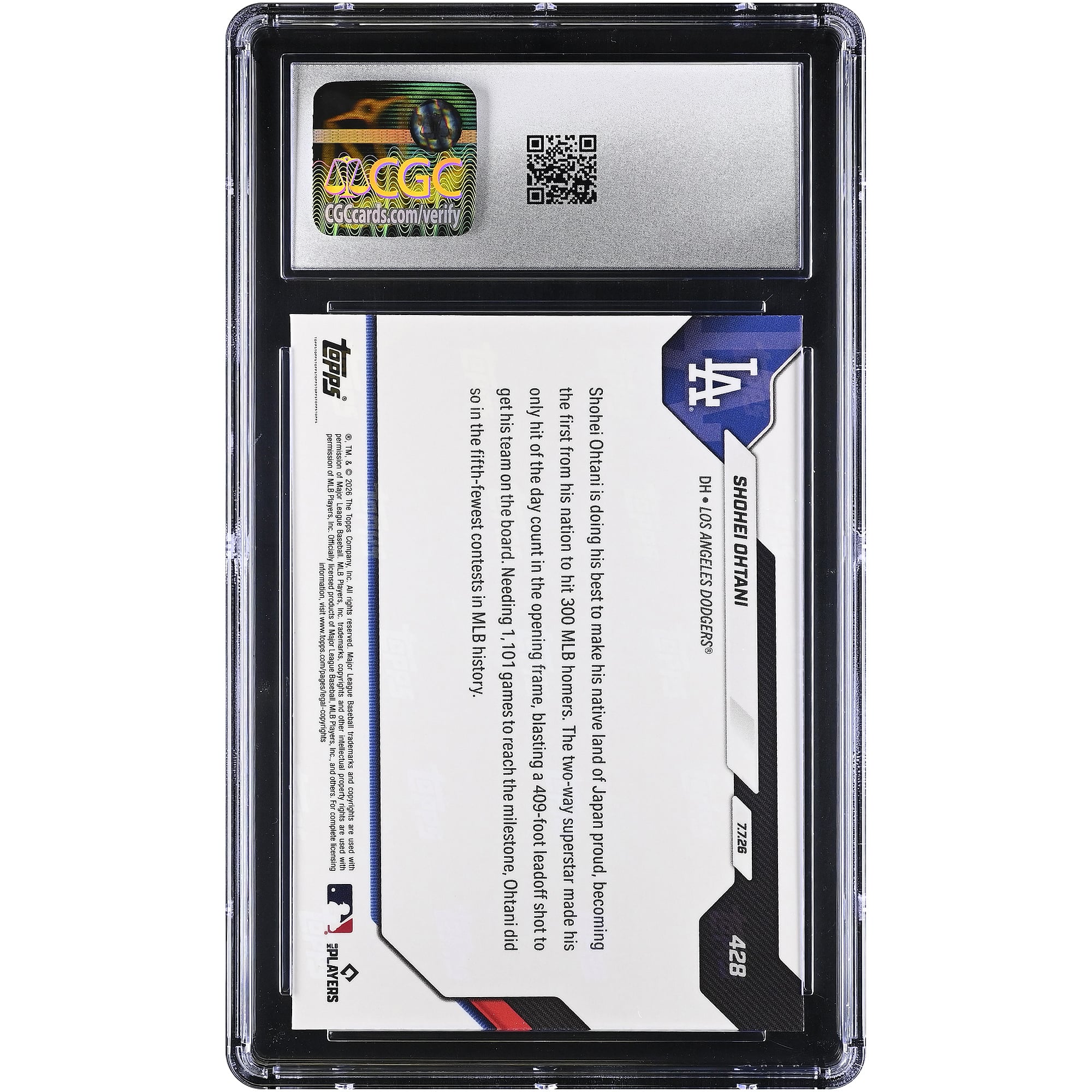Carte Topps Now 2026 de Shohei Ohtani (Los Angeles Dodgers), premier joueur japonais à atteindre 300 coups de circuit en MLB, n° 428, authentifiée CGC, état neuf+ (9,5).