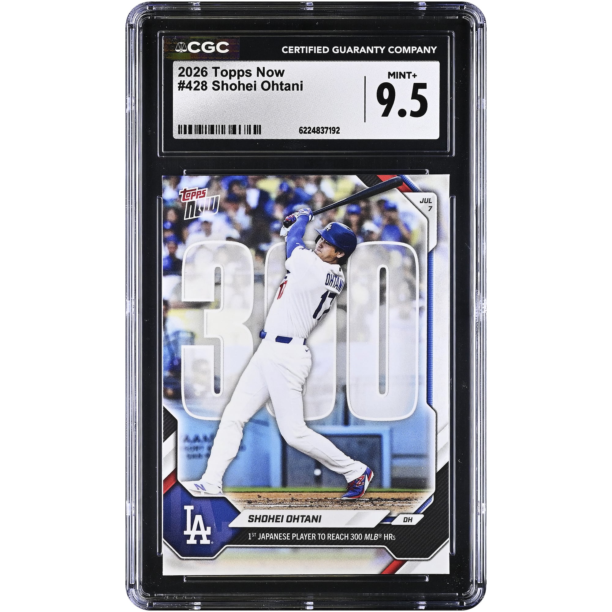 Carte Topps Now 2026 de Shohei Ohtani (Los Angeles Dodgers), premier joueur japonais à atteindre 300 coups de circuit en MLB, n° 428, authentifiée CGC, état neuf+ (9,5).