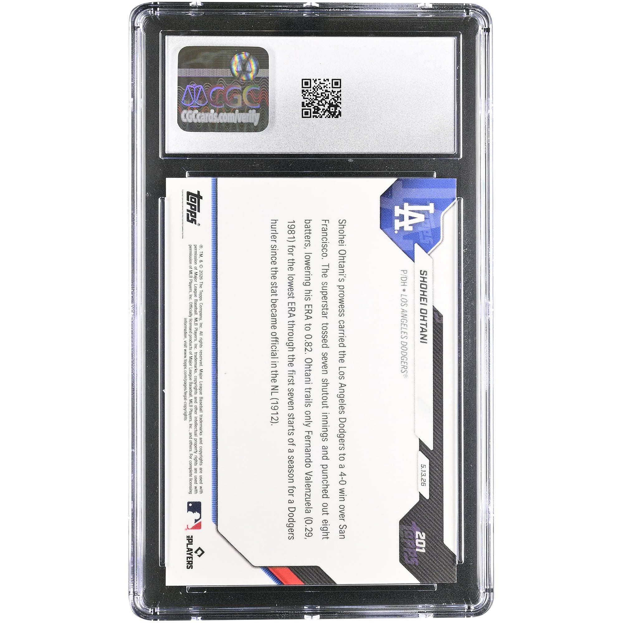 Shohei Ohtani, Los Angeles Dodgers, carte Topps Now 2026, meilleure moyenne de points mérités de la MLB (.82), entre dans la légende des Dodgers (n° 201), authentifiée CGC MINT+ 9.5.