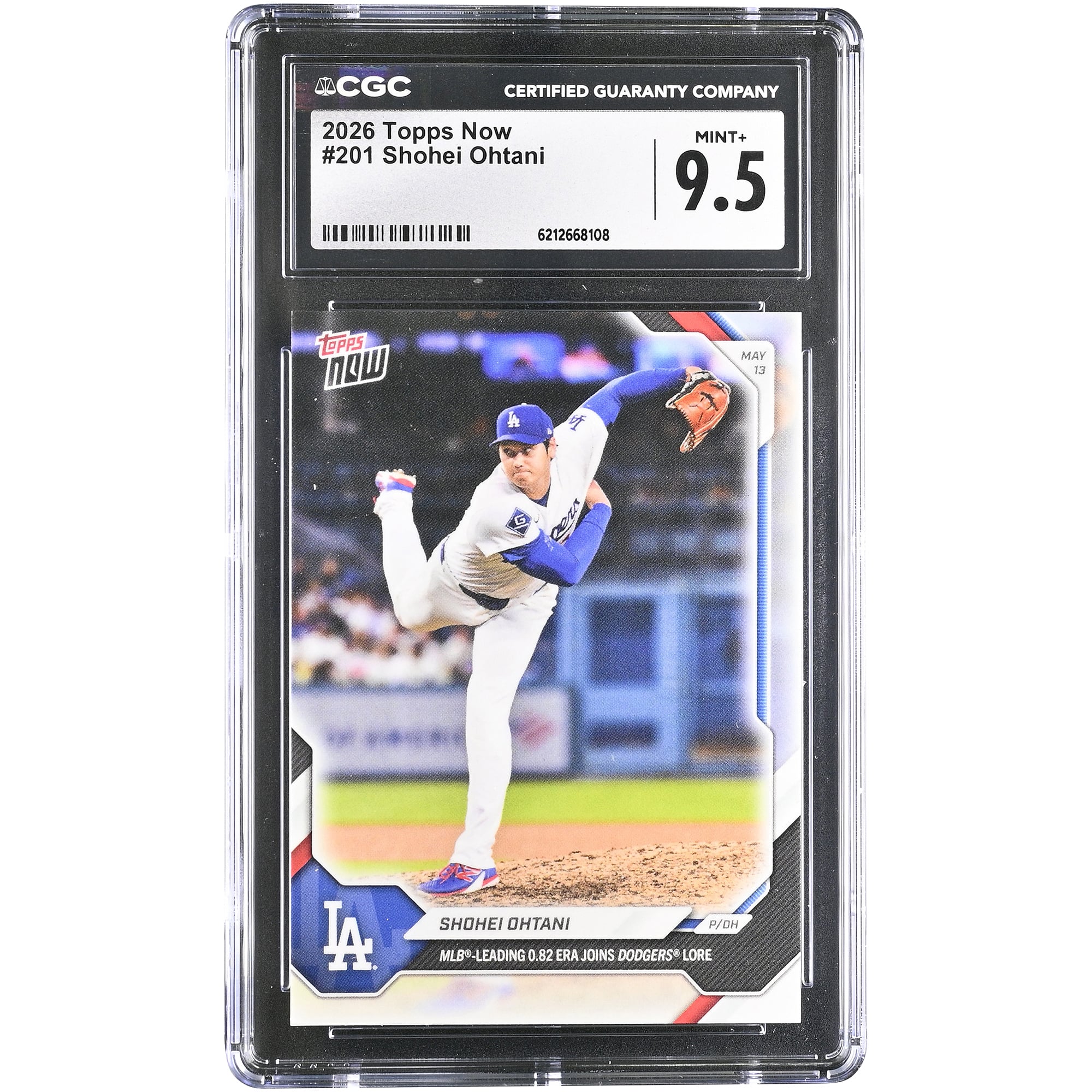 Shohei Ohtani, Los Angeles Dodgers, carte Topps Now 2026, meilleure moyenne de points mérités de la MLB (.82), entre dans la légende des Dodgers (n° 201), authentifiée CGC MINT+ 9.5.
