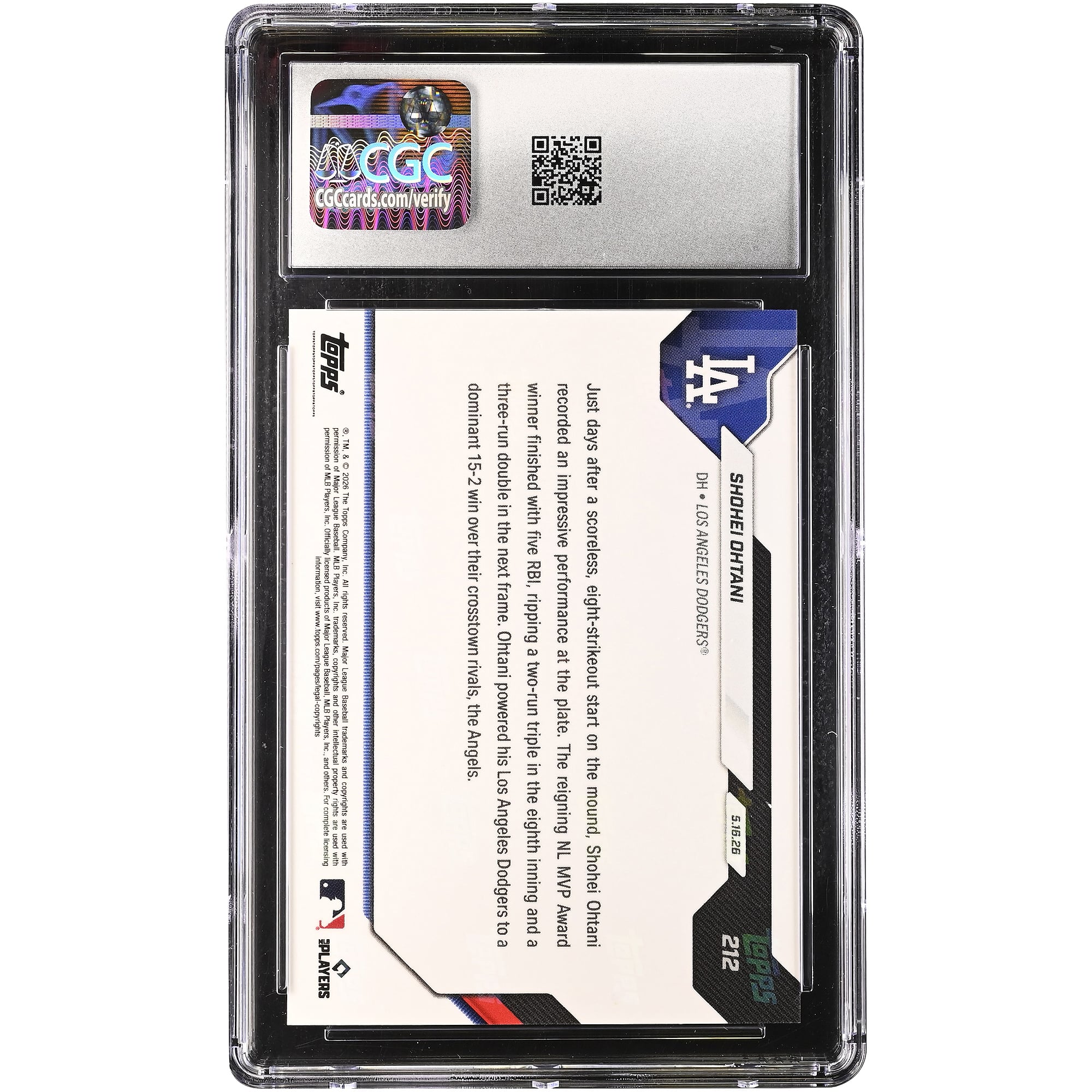 Shohei Ohtani Los Angeles Dodgers 2026 Topps Now Season-High 5 RBI in Huge in-state Rivalry Win #212 CGC Authenticated GEM MINT 10 Card