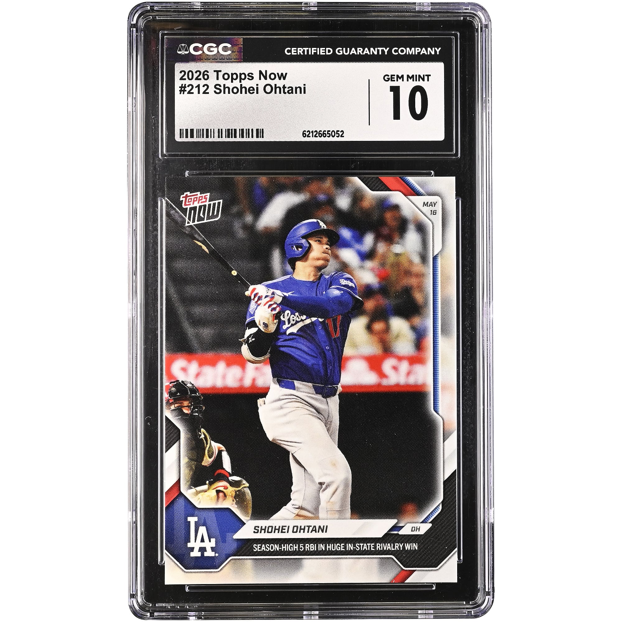 Carte n° 212 authentifiée CGC, état neuf (GEM MINT 10), Shohei Ohtani, Los Angeles Dodgers, saison 2026 Topps Now : 5 points produits (record de la saison) lors d'une victoire cruciale dans le derby de l'État.