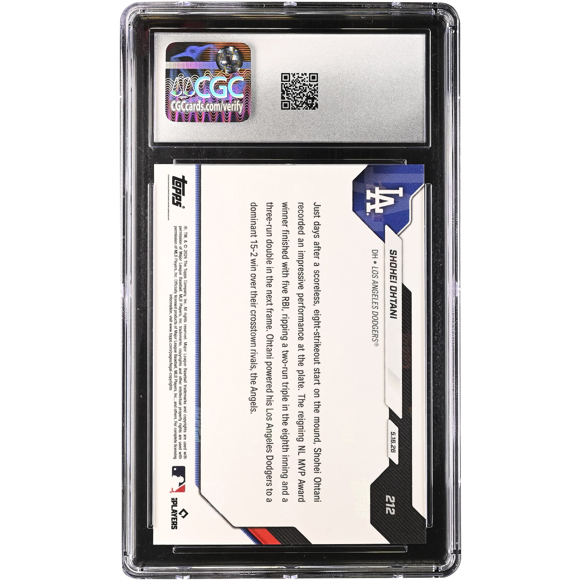 Shohei Ohtani Los Angeles Dodgers 2026 Topps Now Season-High 5 RBI in Huge in-state Rivalry Win #212 CGC Authenticated MINT+ 9.5 Card