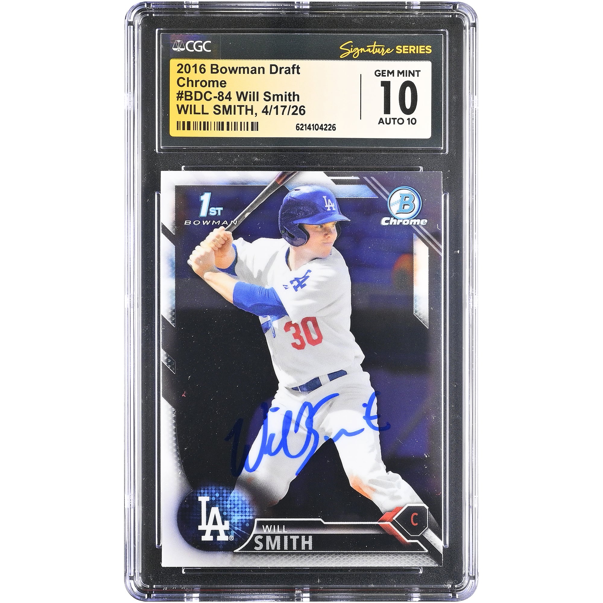 Carte de collection autographiée par Will Smith (Los Angeles Dodgers), Bowman Chrome Draft 2016, numéro BDC-84, authentifiée par Fanatics Witnessed (CGC), état 10/10