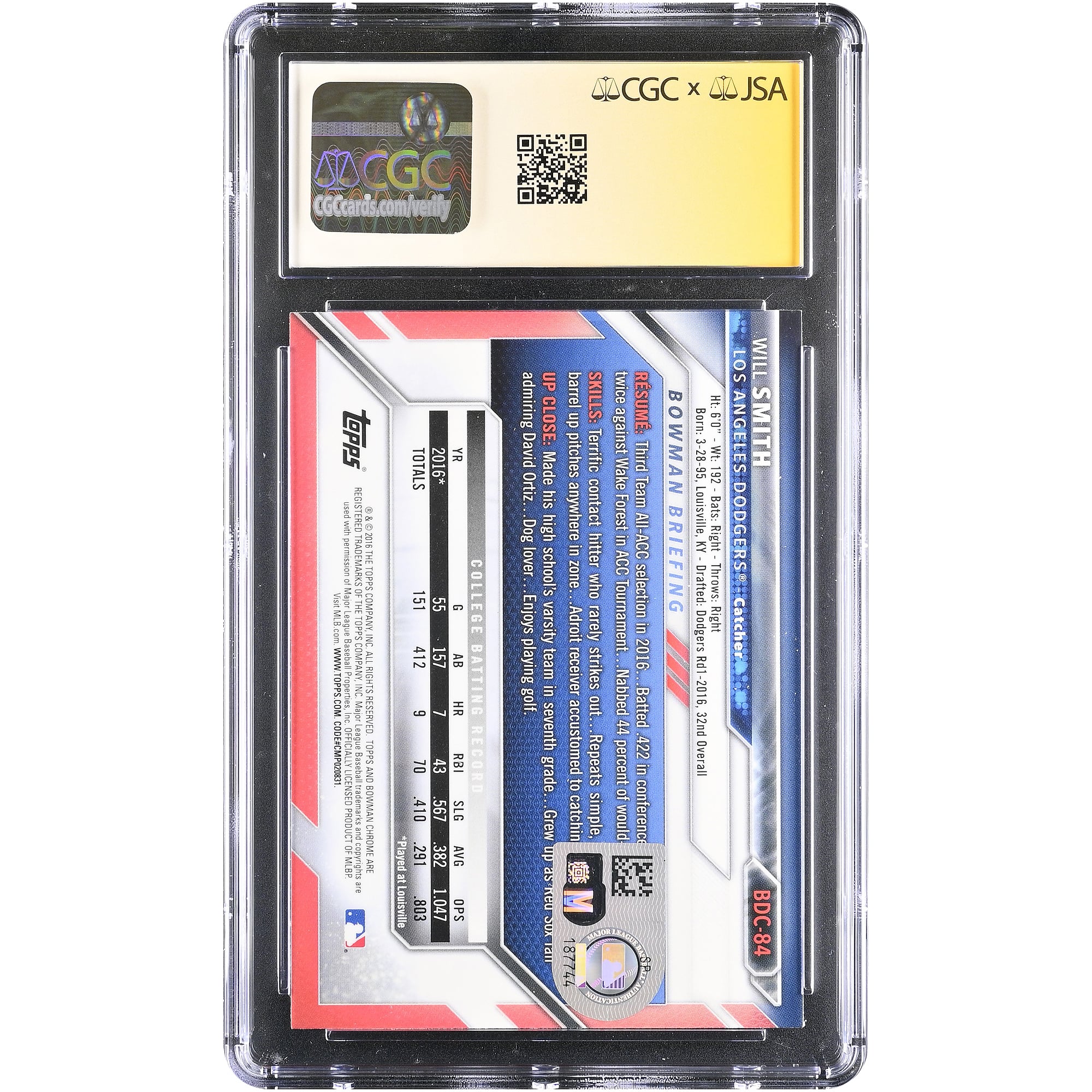 Carte de collection autographiée par Will Smith (Los Angeles Dodgers), Bowman Chrome Draft 2016, numéro BDC-84, authentifiée par Fanatics Witnessed (CGC), état 10/10