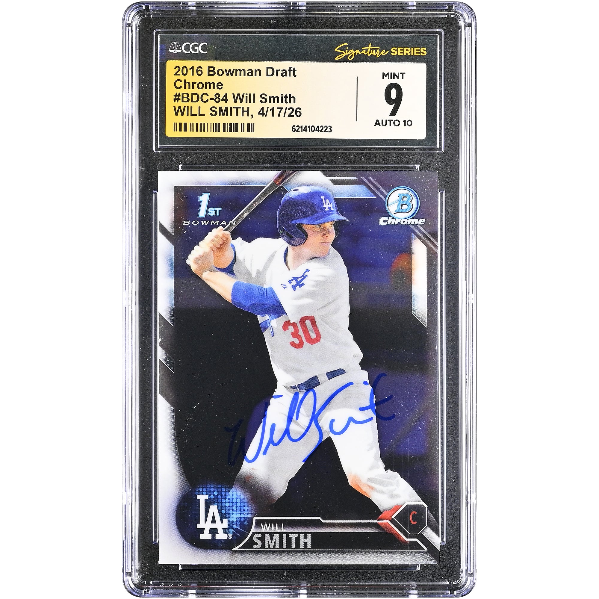 Carte autographiée par Will Smith (Los Angeles Dodgers), Bowman Chrome Draft 2016, n° BDC-84