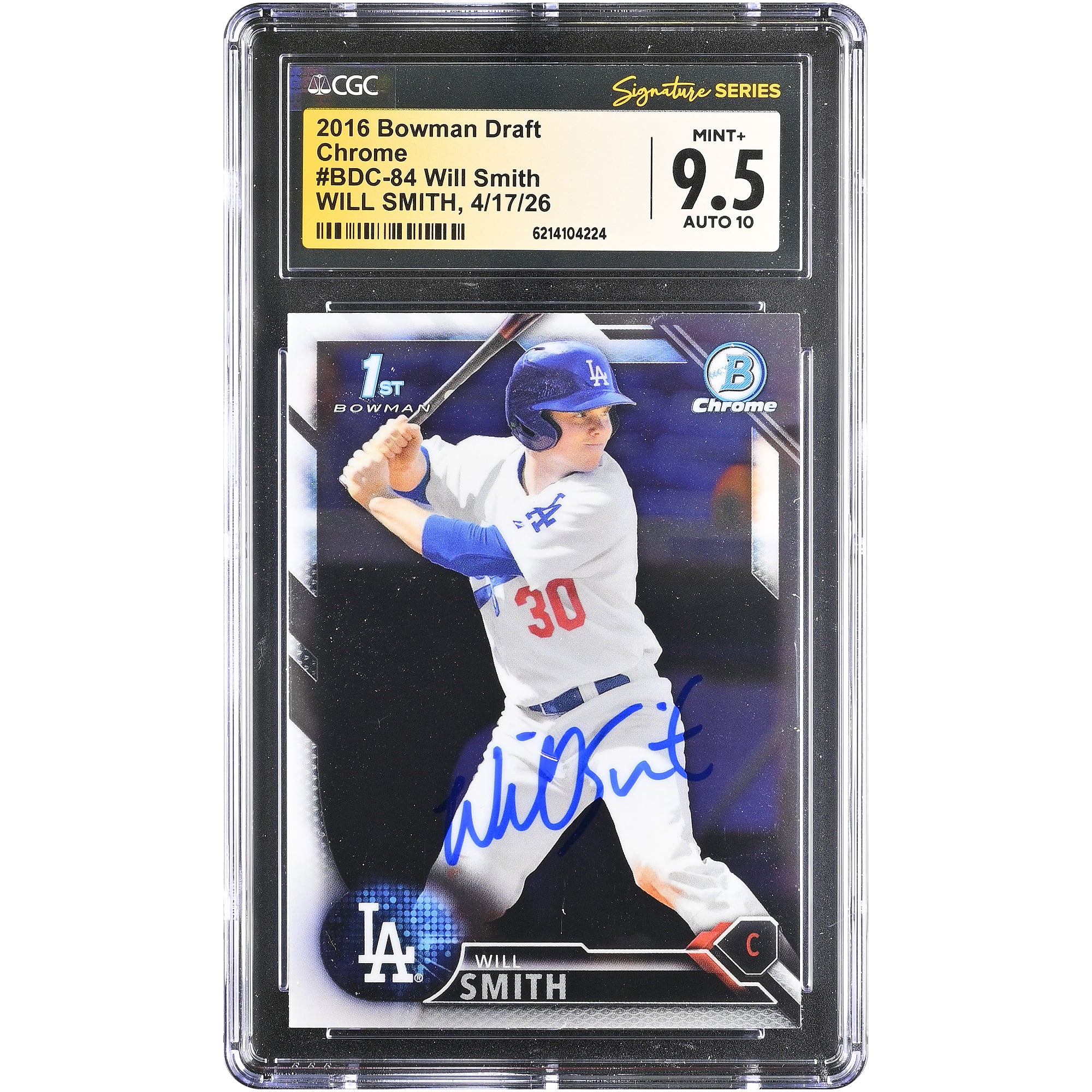 Carte autographiée par Will Smith (Los Angeles Dodgers), Bowman Chrome Draft 2016, n° BDC-84, authentifiée par CGC Fanatics Witnessed (9,5/10).